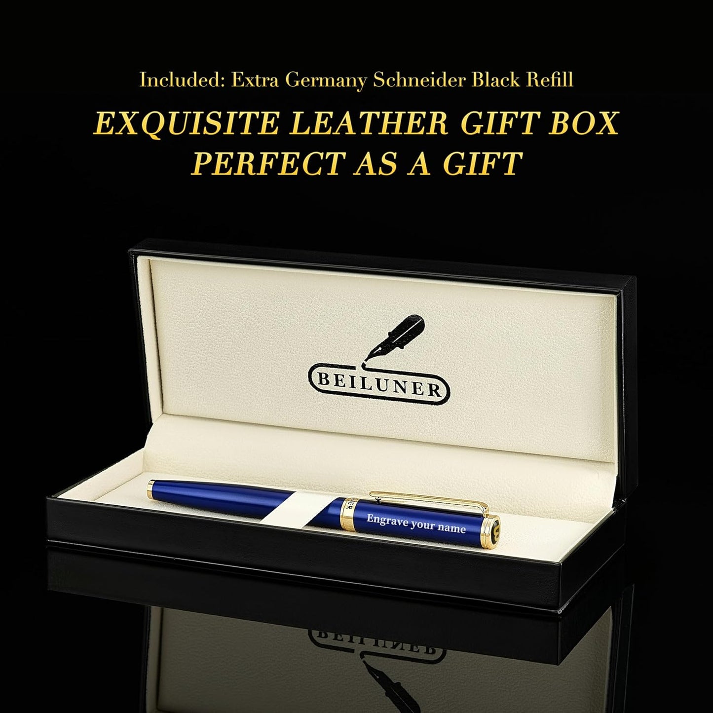 BEILUNER Blue Personalized Pen,Stunning Luxury Lacquer With 24K Gold,Schneider Ink Refills,Multiple Fonts To Custom Rollerball,Gift Pen For Men & Women,Executive,Graduation,Christmas,Nice Fancy Pens
