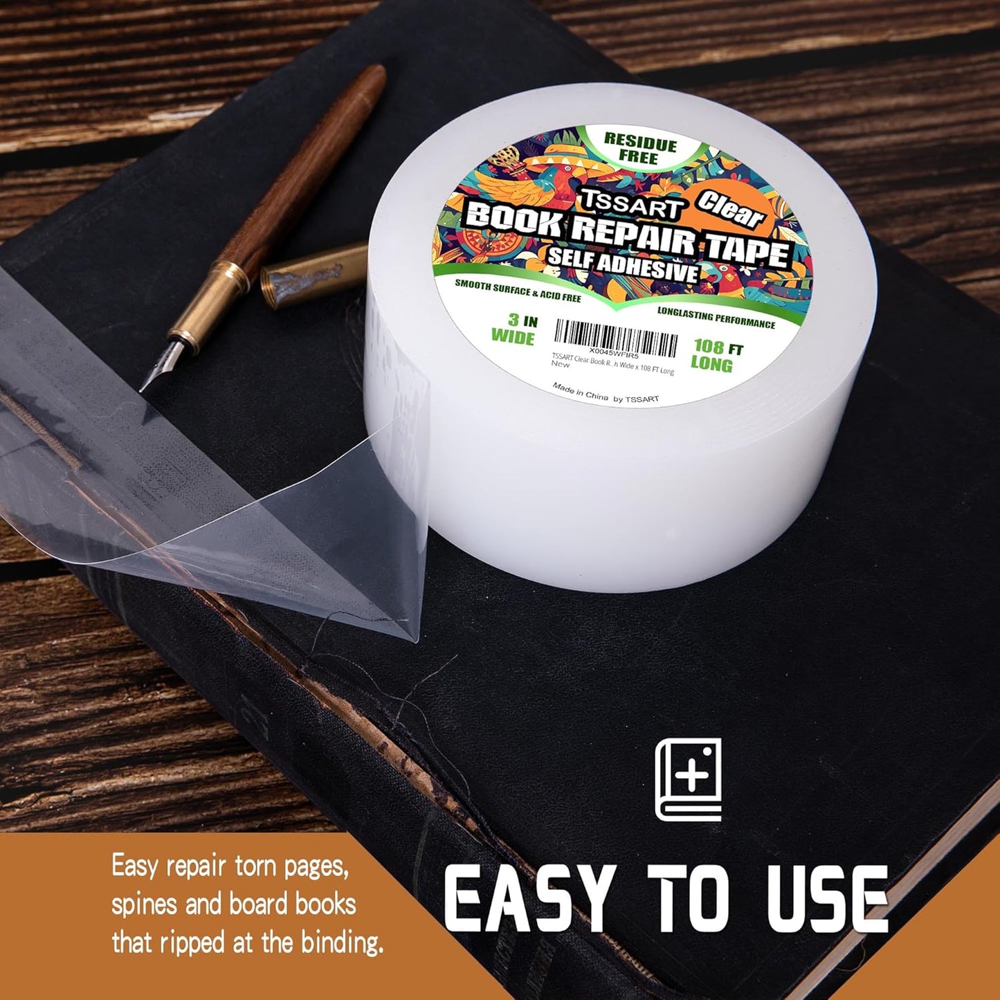 Clear Book Repair Tape - Self Adhesive Stretchable Tape, Essential Repair Tape for Reinforcing, Protecting, and Mending Books - 3 Inch Wide x 108 FT Long