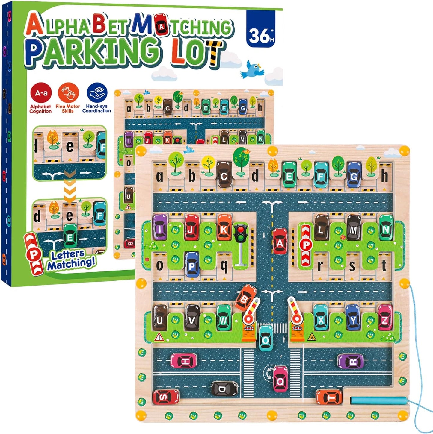 Magnetic Alphabet Maze - Montessori Parking Board Letters Matching Educational Toys Magnet Puzzle Preschool Sensory Activities Gifts for Toddlers Boys Girls Age 2-6