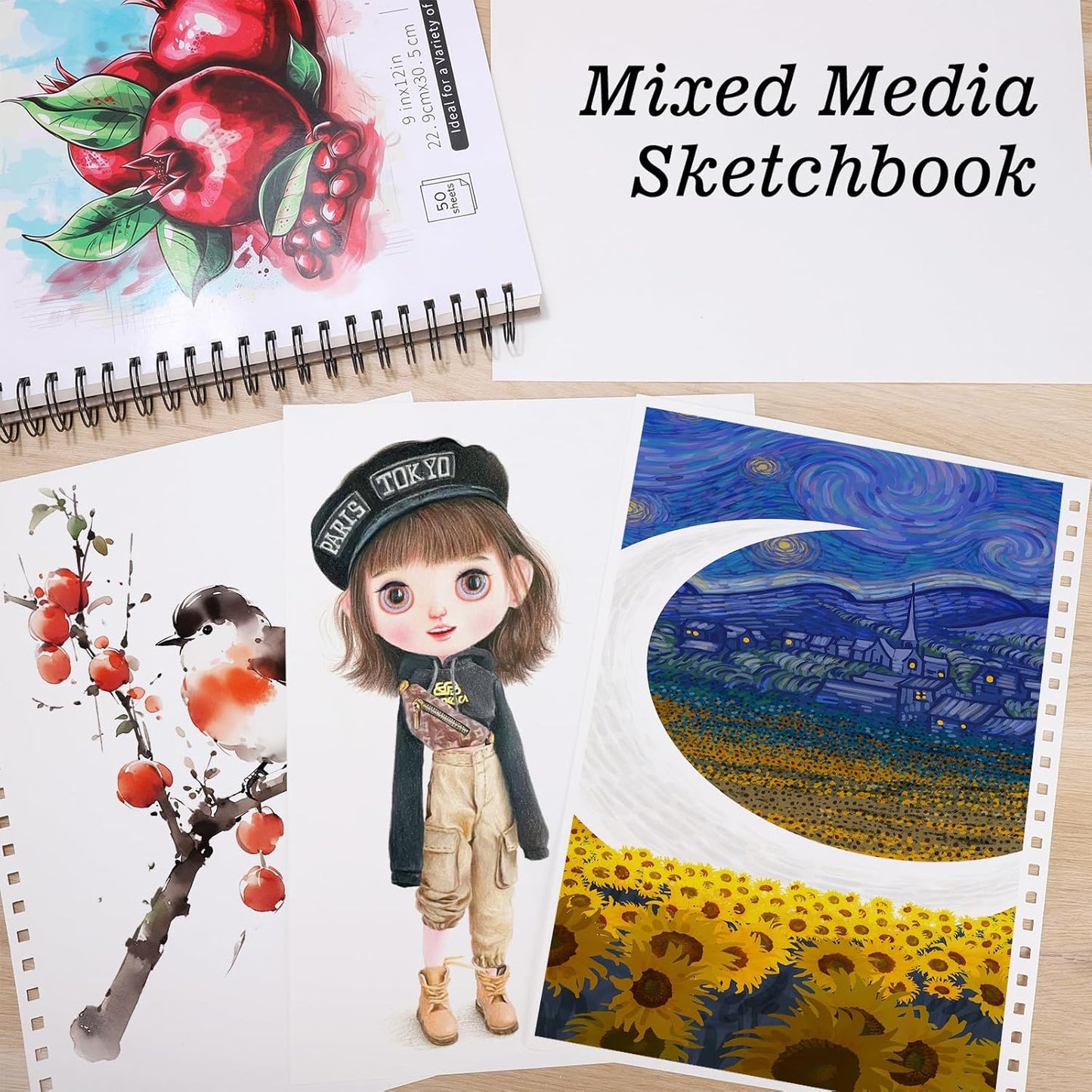 4 Pack Mixed Media Sketchbook, 9x12 inches Drawing Paper Sketch Book, 98lb/160gsm Heavyweight Spiral Bound Sketch Pads, Suitable for Wet and Dry Media, Drawing, Painting, Sketching(200 Sheets)