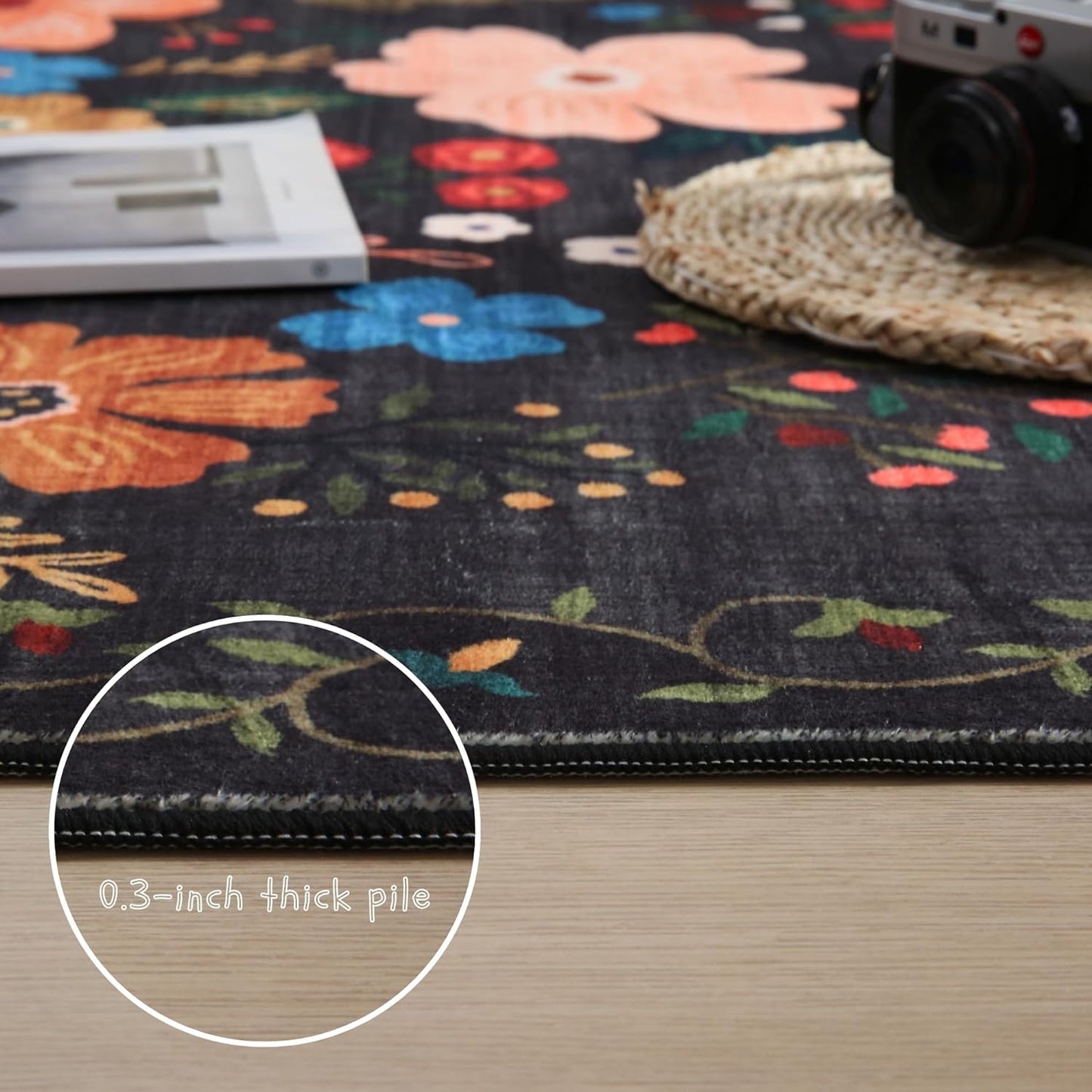 Rugcomf Living Room Rug 6x9 Rug Machine Washable Boho Area Rug Non Slip Floral Vintage Low Pile Large Rug for Living Room, Bedroom, Farmhouse, Dining Room, Kids Playroom(Black)