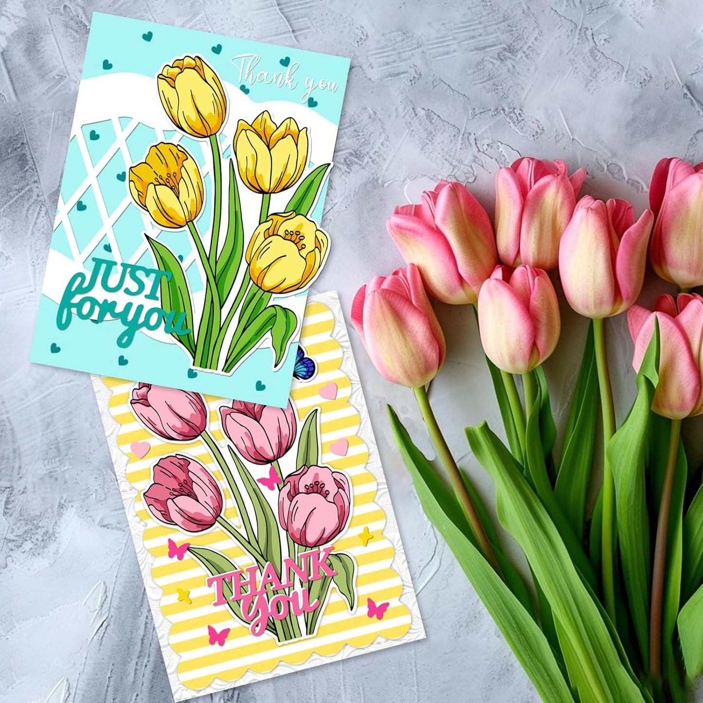 ORIGACH Tulip Layering Stencil Stamp and Die Set for Card Making, Flower Stencil Template Silicone Clear Stamps and Metal Die Sets for DIY Scrapbooking Photo Album Crafting