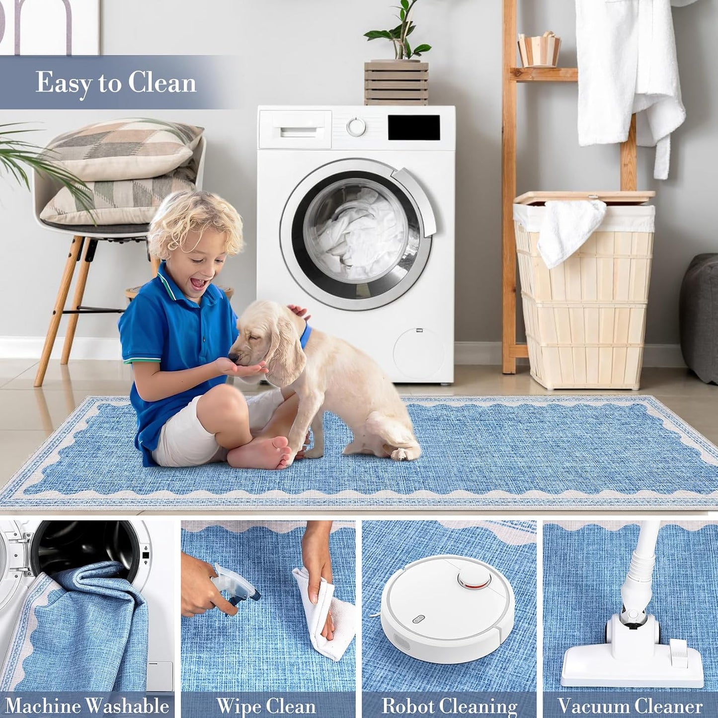 Scalloped Washable Rug 9x12 Area Rugs for Living Room, Solid Blue Rug for Bedroom Girls, Non Slip Throw Mat with Rubber Back, Soft Dorm Nursery 9x12 Carpet for Dining Room
