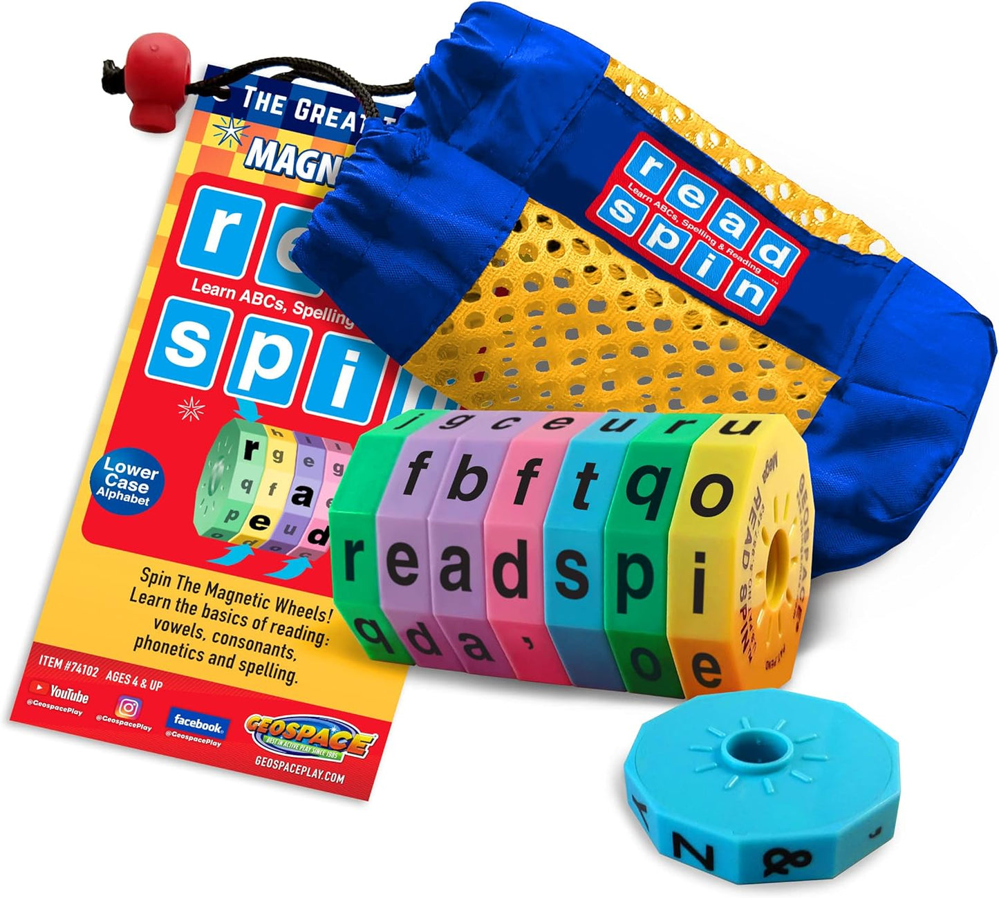 Geospace Read Spin Education Game for Kids – A Handheld Magnetic Spelling Game with Storage Pouch (Lower Case Letters)