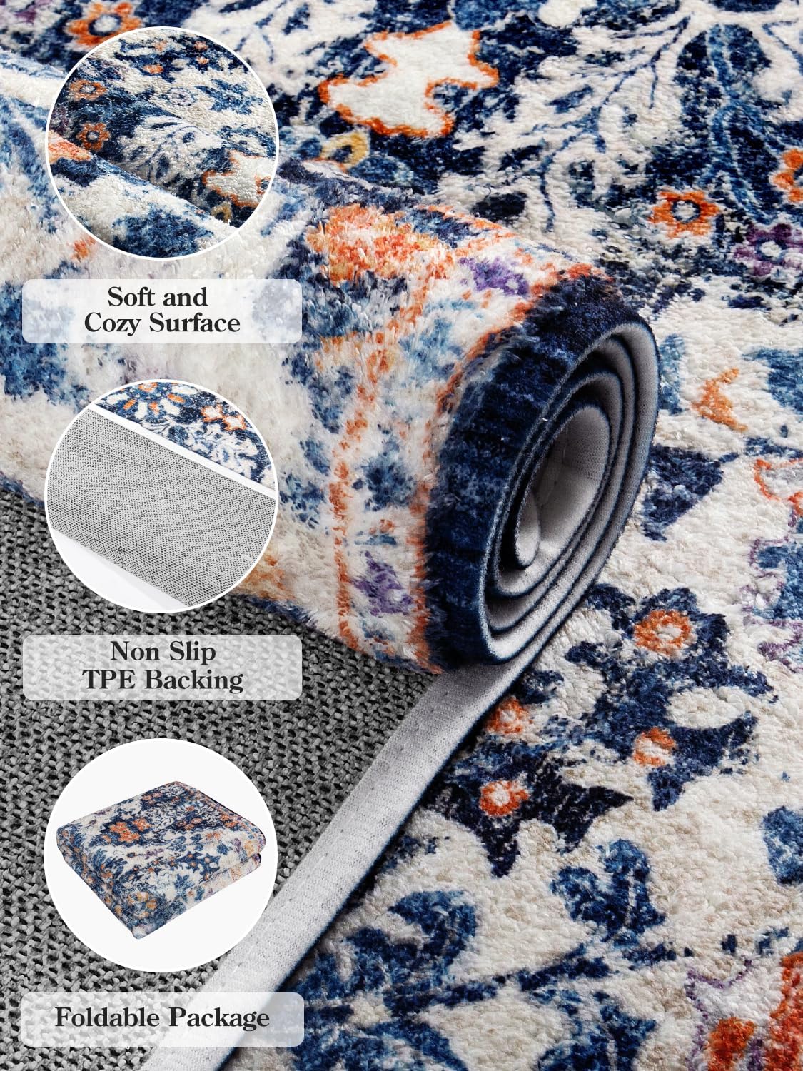 Lahome 2x6 Blue Washable Hallway Runner Rug, Bohemian Floral Medallion Kitchen Carpet Runner, Soft Non Skid Floor Runners for Bathroom Bedroom Vanity Office Sunroom