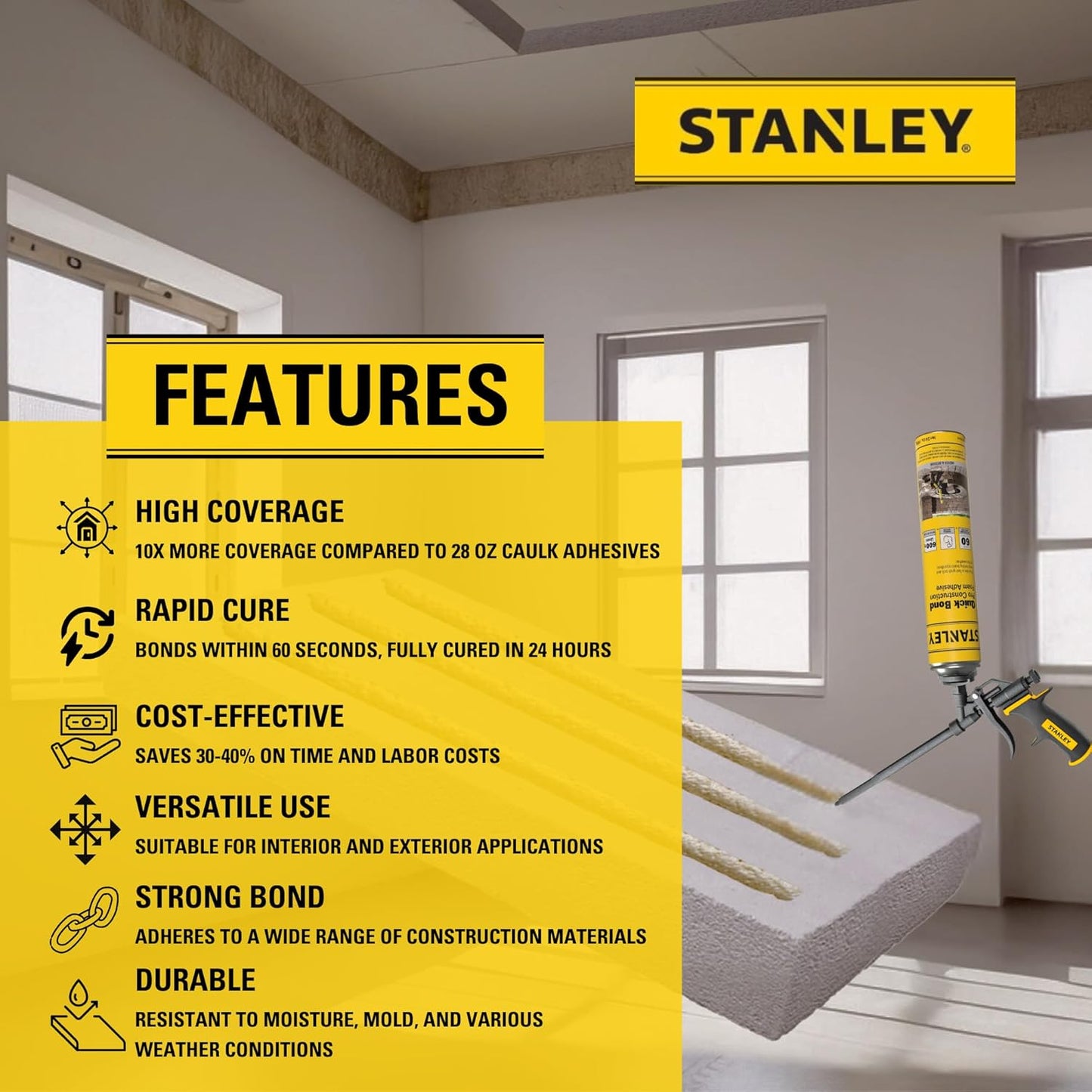 Stanley Quick Bond Adhesive Foam - 2x24oz, Reliable Bond Adhesive for Various Materials, Strong bonding, No Mixing, Gun Use, Gun NOT Included | 2 Pack