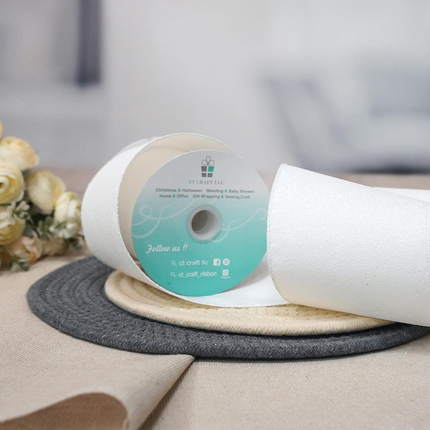 CT CRAFT LLC Glitter Wired Ribbon 4" x 10 Yards White for Christmas Home Decor Bow Gift Wrapping DIY Crafts Wreath