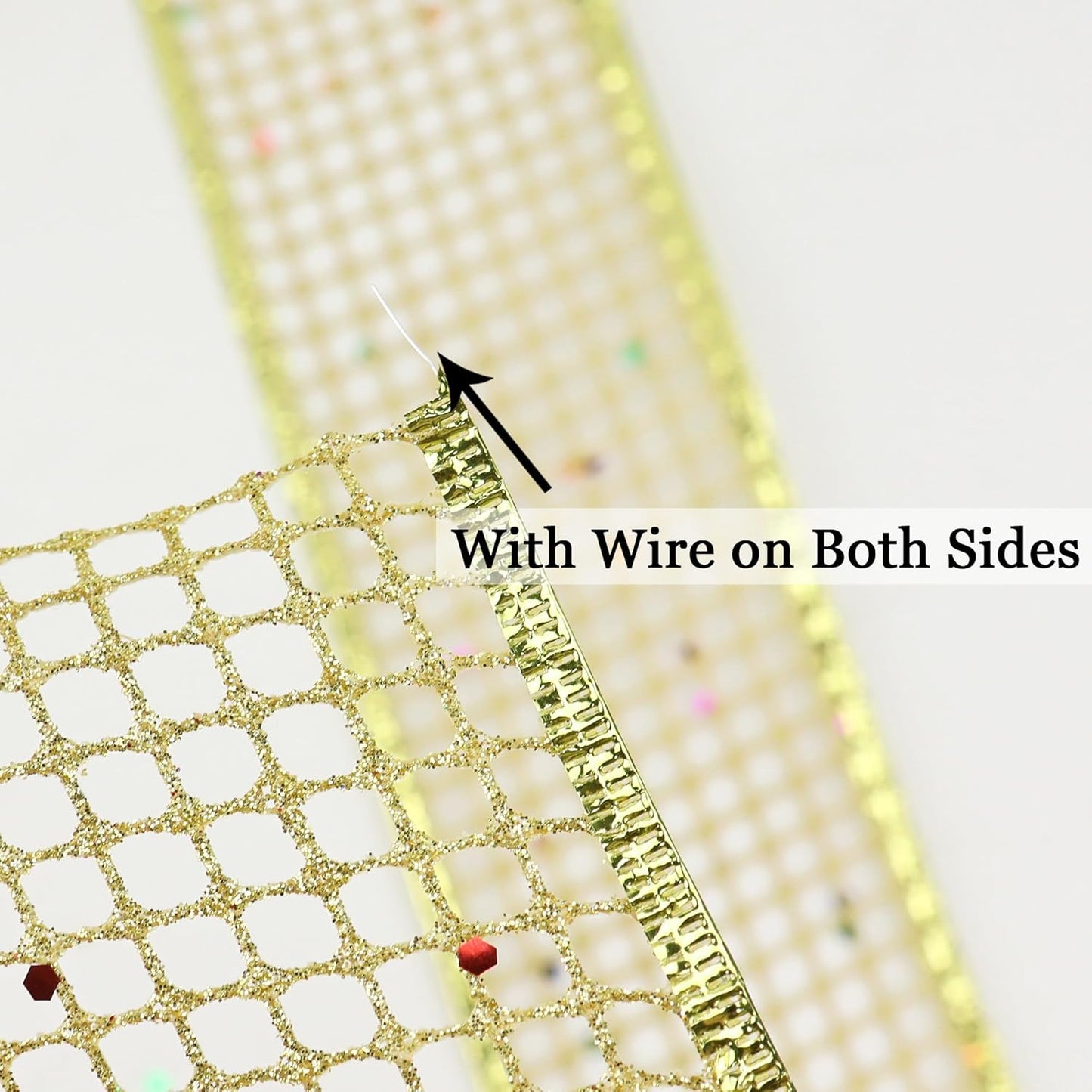 MEEDEE Gold Glitter Ribbon Gold Christmas Ribbon 2.5 Inch Square Mesh Net Wired Ribbon with Rainbow Sparkle Gold Wired Ribbon Gold Ribbon for Christmas Tree Decoration, Wreath Bow Making (10 Yards)