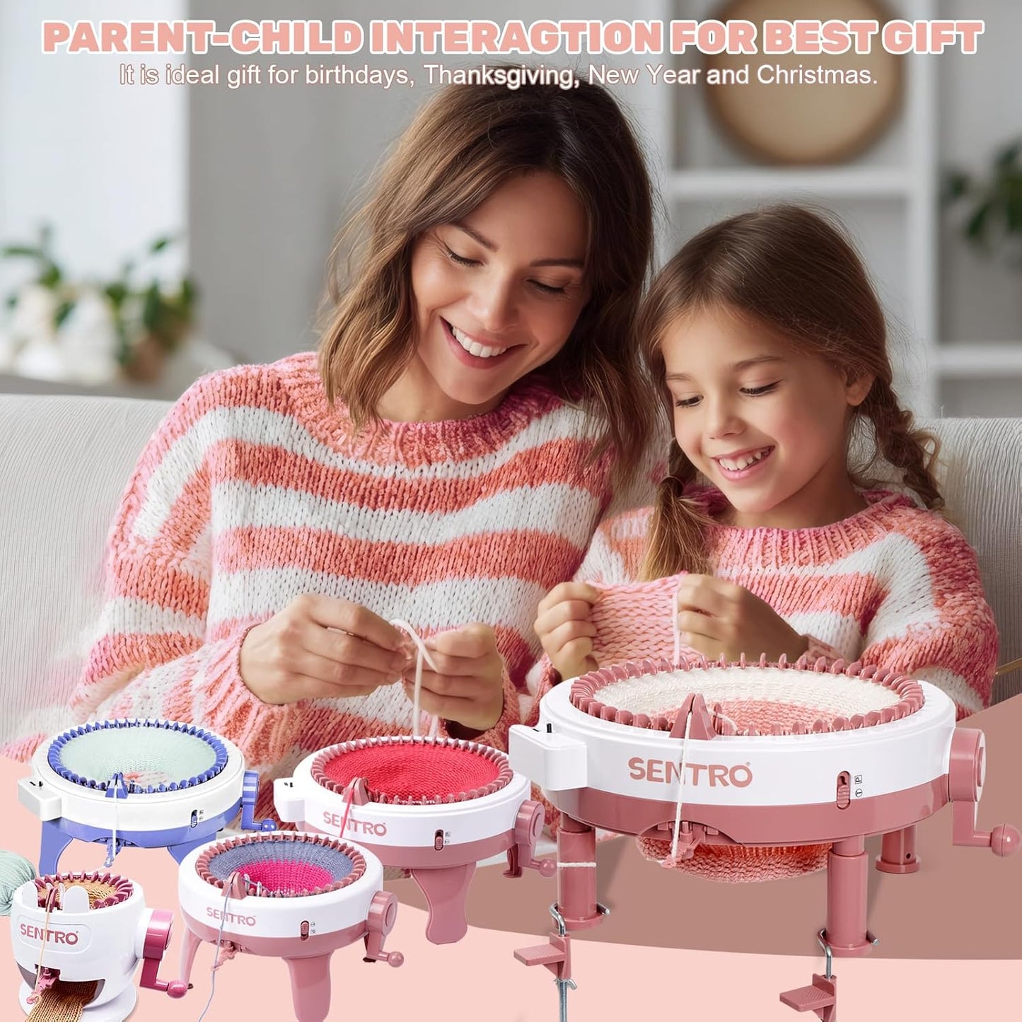 SENTRO Upgraded 48 Needle Knitting Machine, Circle Knit Loom Machine with Row Counter and Hand Crank,Crochet Knitting Loom Machine for Beginners and Seasoned Knitters (Upgraded 48Pink)