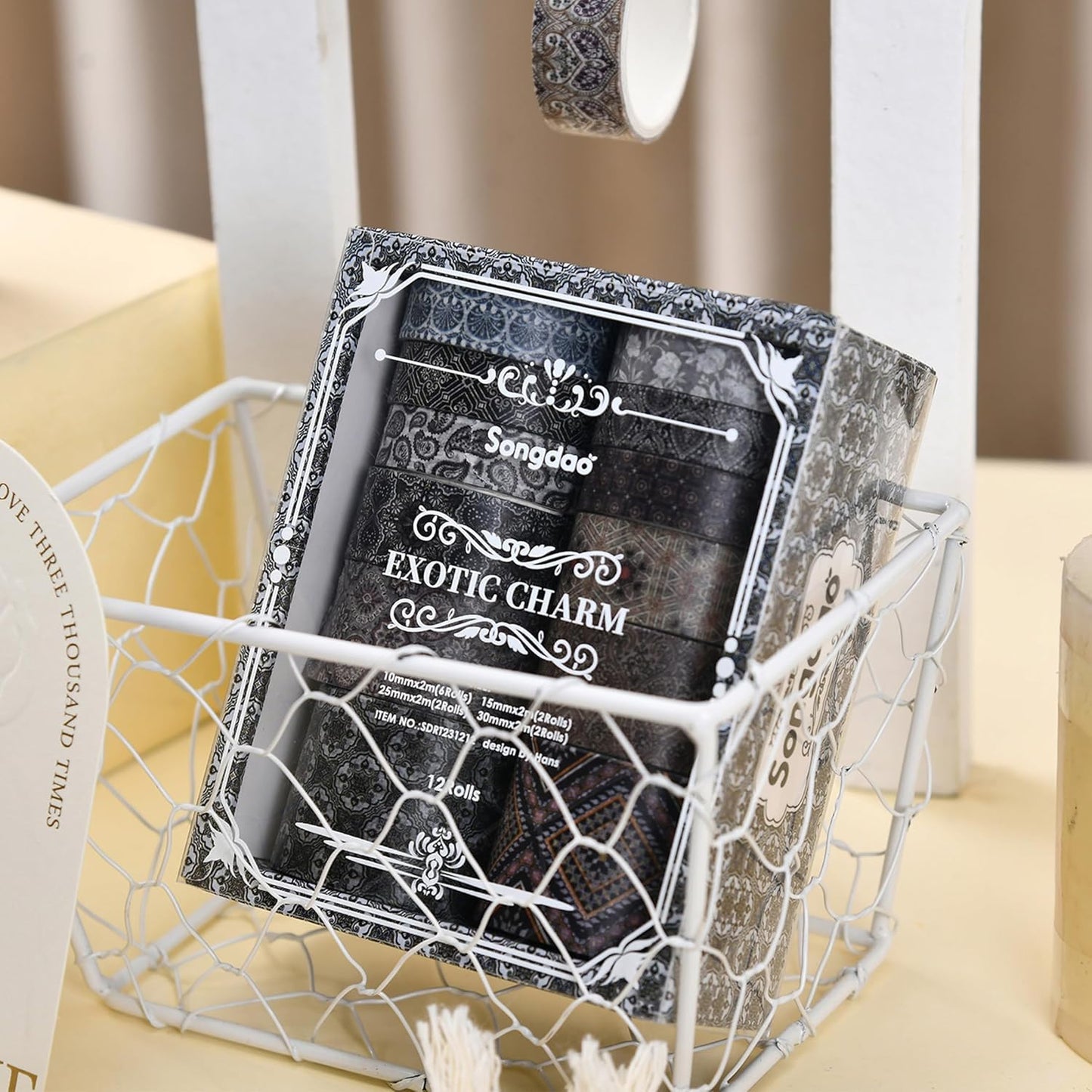 12 Rolls Exotic Charm Washi Tape Set Floral Arts Adhesive Tapes Geometric Garden Decorative Masking Tape Sets for Craft, Kids, Scrapbook, DIY, Gift Wrapping (Inked Gold)