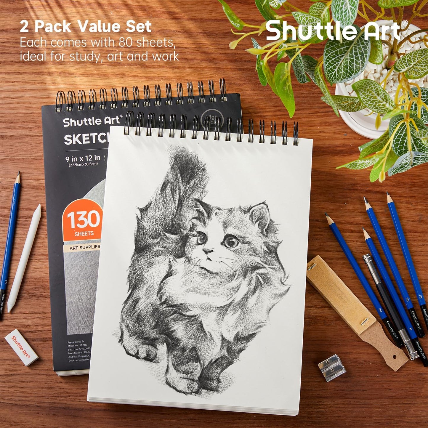 Shuttle Art 9”x12” Sketch Pad, 260 Sheets (68lb/100gsm) Drawing Pad, Pack of 2, 130 Sheets Each, Spiral Bound Sketch Book, Durable Acid-Free Drawing Paper, Great Sketch Pad for Kids, Teens & Adults