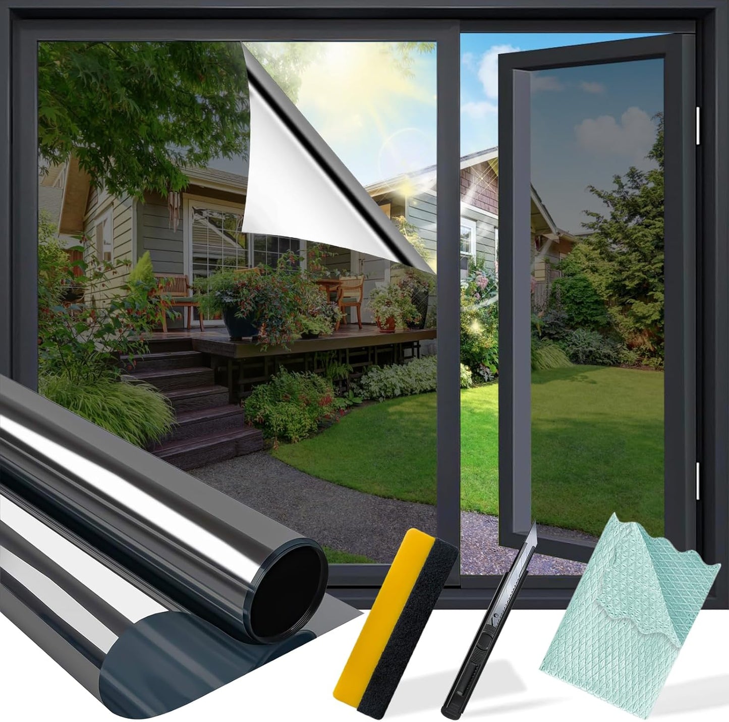 Niviy One Way Window Privacy Film with Installation Tools, Window Tint for Home, Reflective Window Film See Out Not in for Home Office,Black Silver, 23.6 Inch X 157.4 Inch