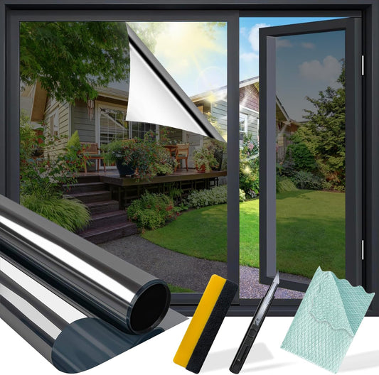 Niviy One Way Window Privacy Film with Installation Tools, Window Tint for Home, Reflective Window Film See Out Not in for Home Office,Black Silver, 17.5 Inch X 118 Inch