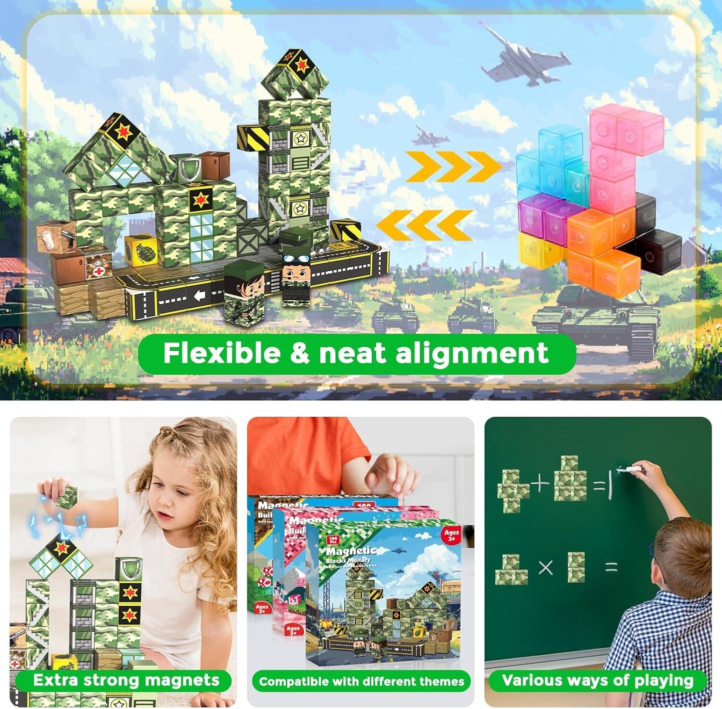 Magnetic Blocks-100PCS Military Building Blocks Set, Kids Classroom Sensory Toy for Toddlers STEM Learning, Construction Stacking Toy for Kids 3+ Boys and Girls Christmas Birthday Gifts Toys