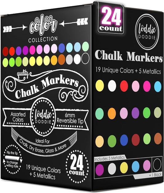 Loddie Doddie Chalk Markers - 24-Pack, 6mm Reversible Tips - Colored Chalk Pens for Art & Decor - Window Markers for Glass & Metal - Dry Erase Pens for Mirrors & More