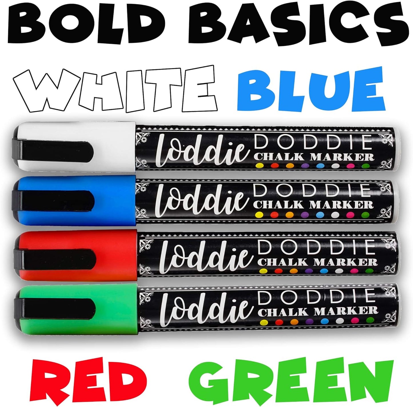 Loddie Doddie Liquid Chalk Marker Set - Pack of 4, Basic Colors, 6mm Tip - Fine-Tip Chalkboard Markers for Blackboard - Washable Window Pens for Glass - Dual Ends for Chalkboard Calendar