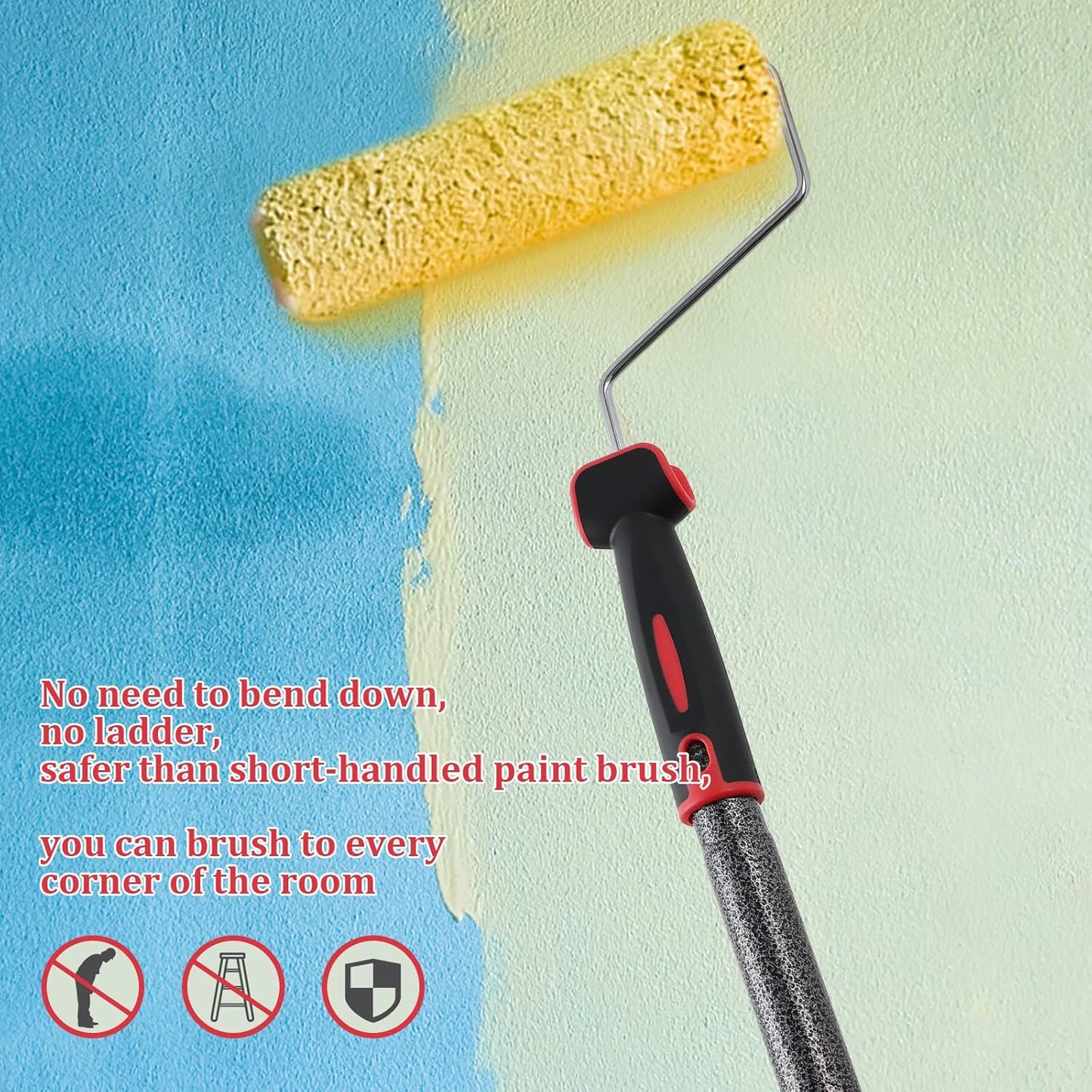 Paint Roller extension pole,48in Brush kit Multi-Function Paint Roller kit cleaner with House Paint Rollers Brush Stainless Steel Pole,Mural Brush for Walls and Ceiling paint roller no drip grey