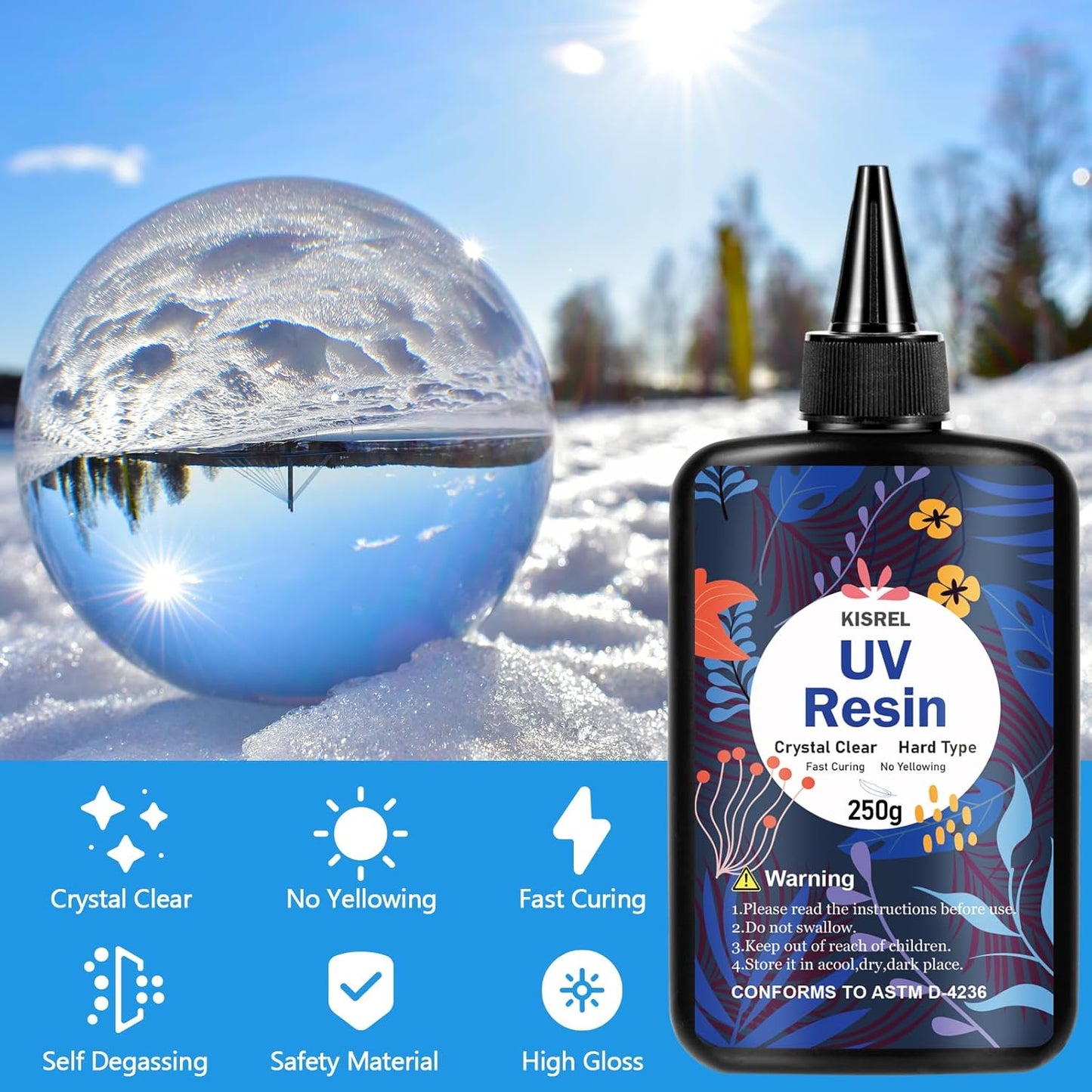 KISREL UV Resin 1000g，4 x 250g UV Resin Kit, Hard Type Crystal Clear Ultraviolet Curing UV Epoxy Resin for Craft Jewelry Making