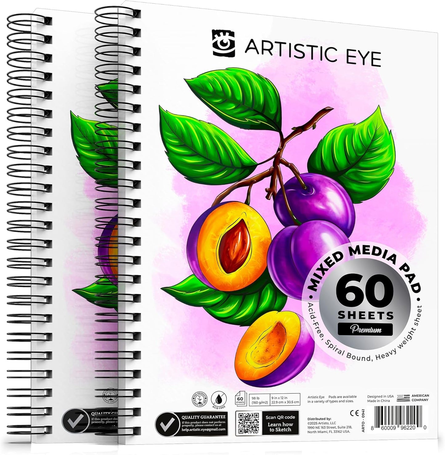 ARTISTIC EYE 9x12 Premium Mixed Media Sketchbooks: Pack of 2 (120 Sheets), 160 GSM, Spiral Bound Sketch Pads, Suitable for a Variety of Wet and Dry Media, Ideal for All Artists