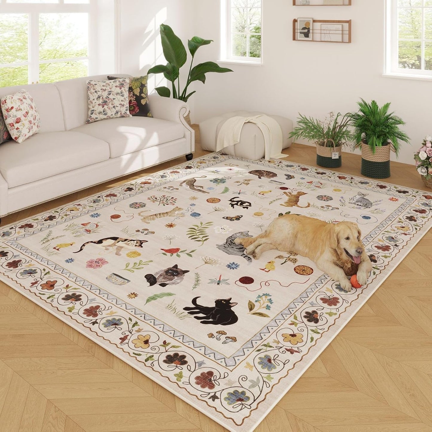 Rugcomf Area Rugs 9x12 Living Room Clearance Washable Boho Rug Non Slip Floral Animal Cat Vintage Low Pile Large Rug for Living Room Bedroom Farmhouse Dining Room Kids Playroom, Beige