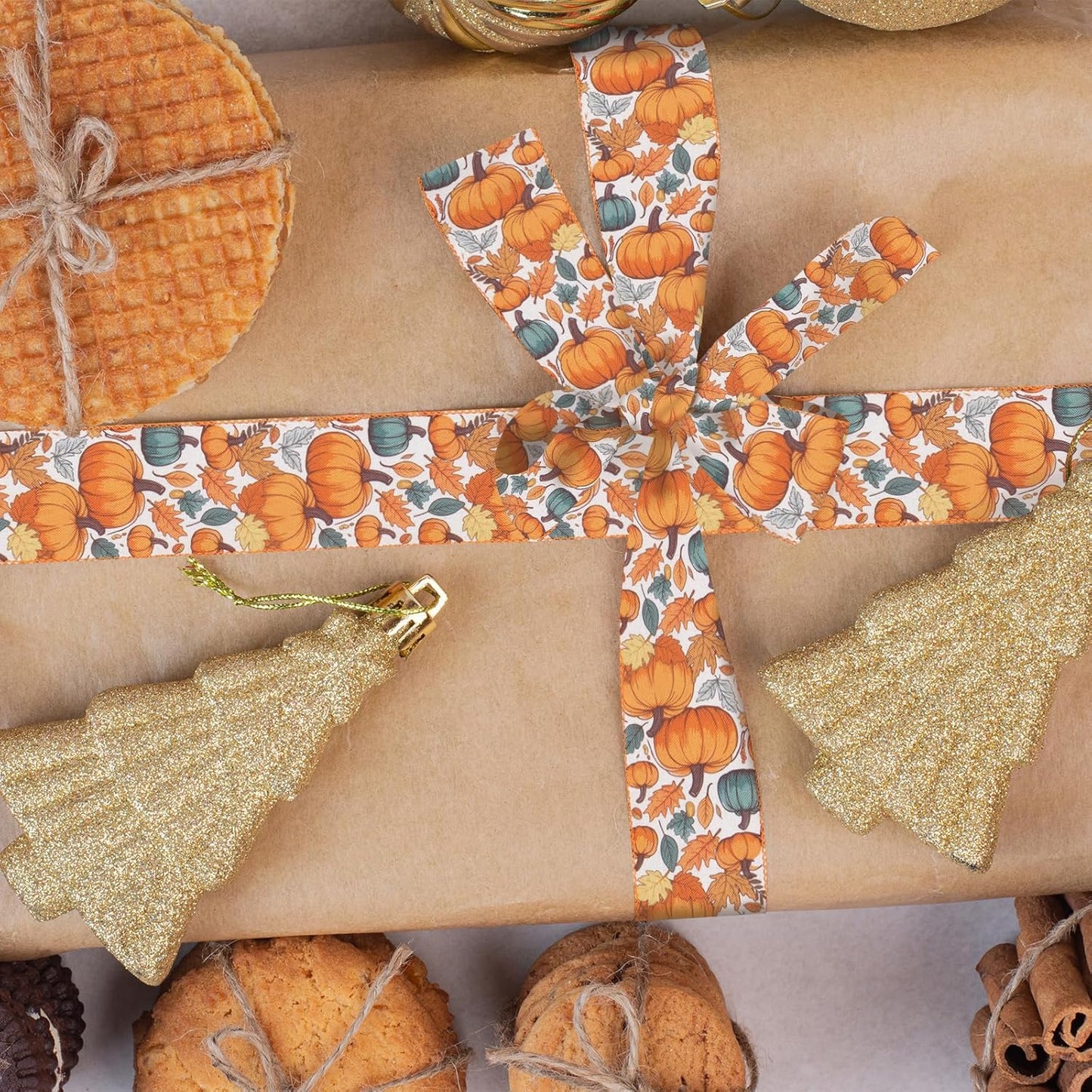 2 Rolls Fall Pumpkin Craft Ribbons for Wreath Bows, 2.5"×10 Yards Thanksgiving Wired Edge Ribbon Orange Burlap Autumn Leaves Wired Ribbons for Crafting Sewing Supplies