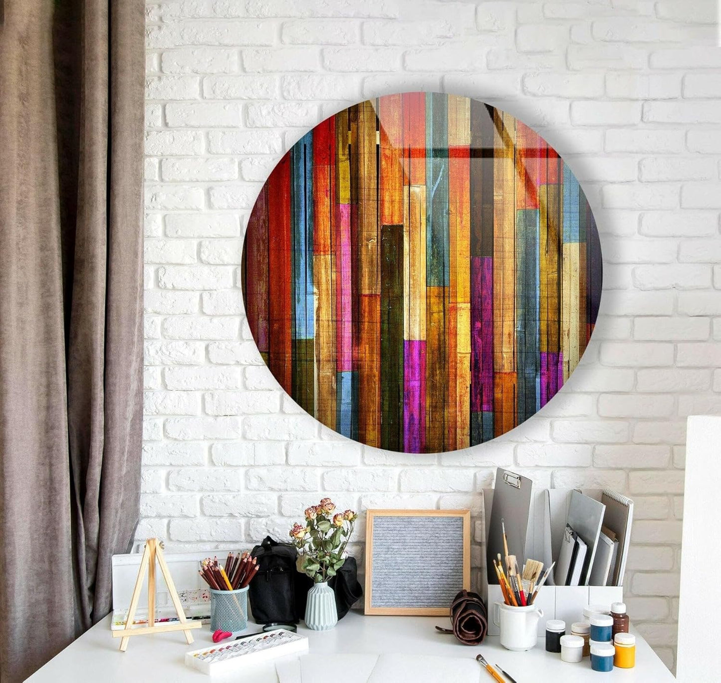 My Photostation.com 24''(60cm) Diameter Colorful Wood Pattern Round Glass Wall Art Tempered Glass Printing Wall Decor Large Wall Art Wall Hangings