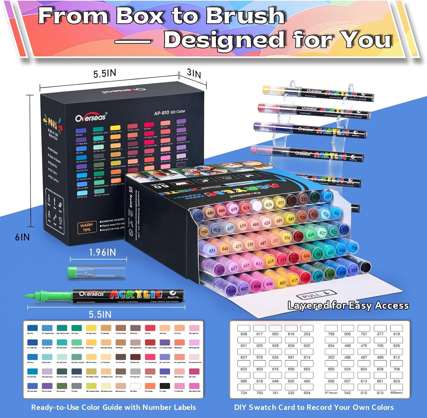 Overseas Acrylic Paint Markers 60 Colors, Brush Tip Paint Pens with Automatic Ink Control System, Quick Drying Liquid Ink Acrylic Marker for Rock, Wood, Canvas, Glass, Fabric, Metal, Plastic, Rubber