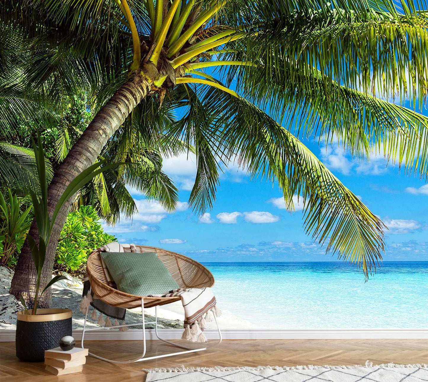 AFZEVEB-Beach Wall Mural Tropical Palm Tree Landscape Wallpaper for Bedroom 159"x107"(Not Peel and Stick)