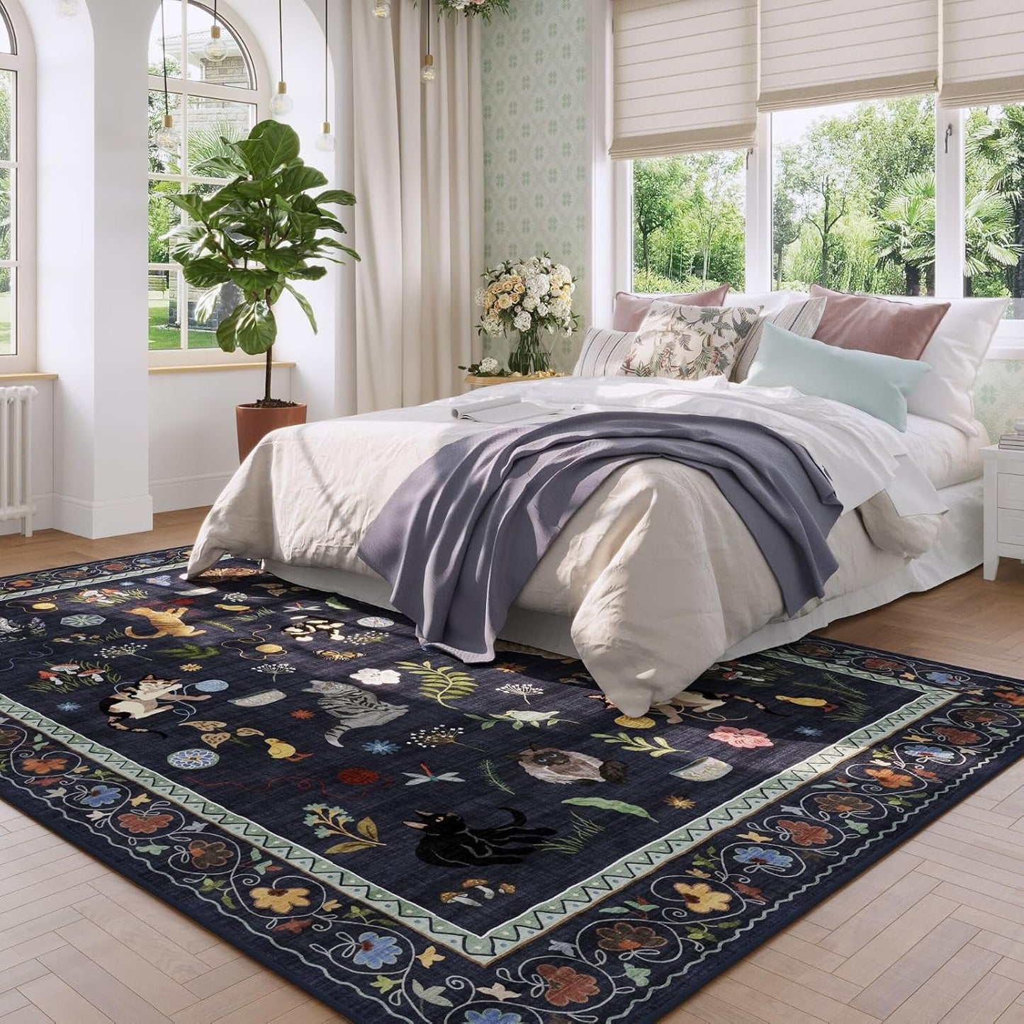 Rugcomf Living Room Rug 5x7 Rug Machine Washable Boho Area Rug Non Slip Floral Animal Cat Vintage Low Pile Large Rugs for Living Room Bedroom Farmhouse Dining Room Kids Playroom, Cobalt Blue