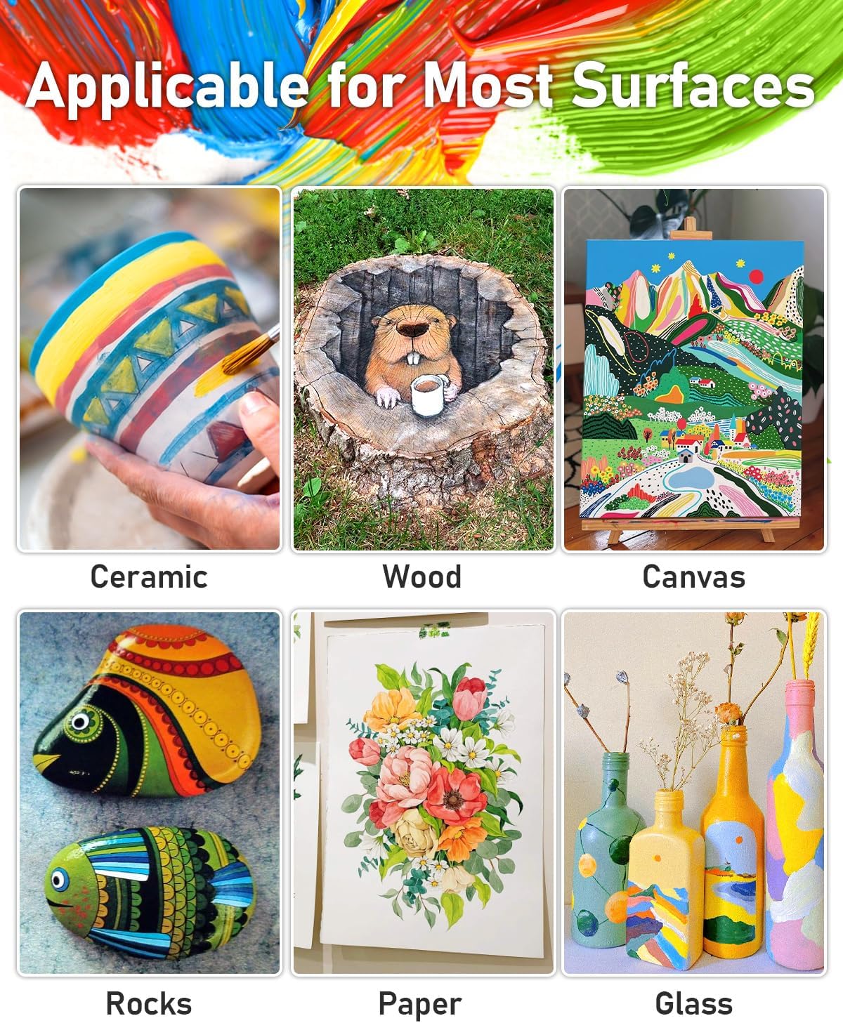 6 Colors Large Acrylic Paint Set (69 oz,2040 ml) Art Painting Bulk Supplies for Multi Surface Canvas Wood Leather Fabric Rock Craft, Non Toxic Paint for Kid & Adult with Pump