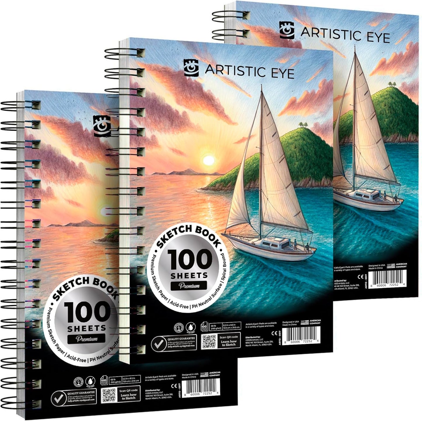 ARTISTIC EYE 5.5X8.5” Premium Sketch Book Set, Pack of 3 (300 Sheets), 68lb (100gsm), Spiral Bound, Acid-Free Drawing Paper, Perfect for Most Dry Media, Ideal for Beginners & Professionals (Set of 3)