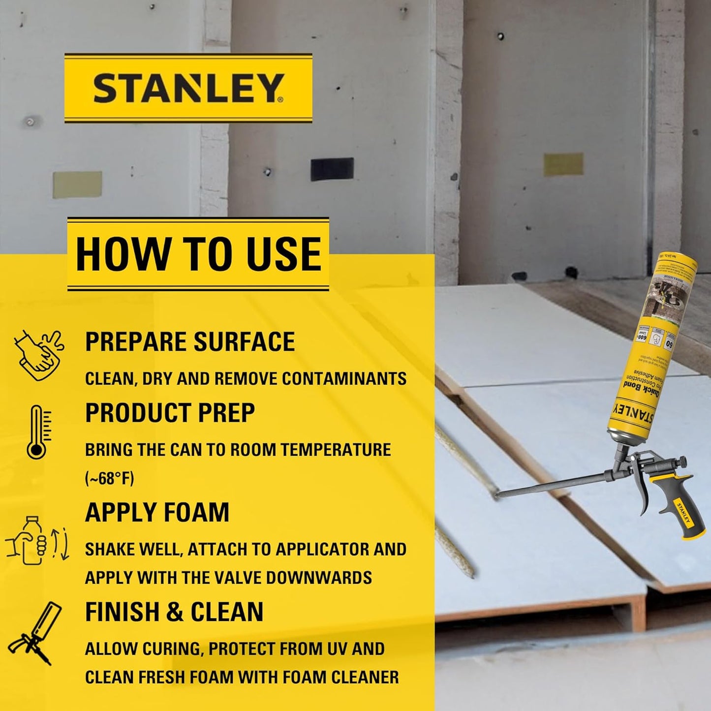 Stanley Quick Bond Adhesive Foam - 2x24oz, Reliable Bond Adhesive for Various Materials, Strong bonding, No Mixing, Gun Use, Including Gun, Cleaner | 2 Pack