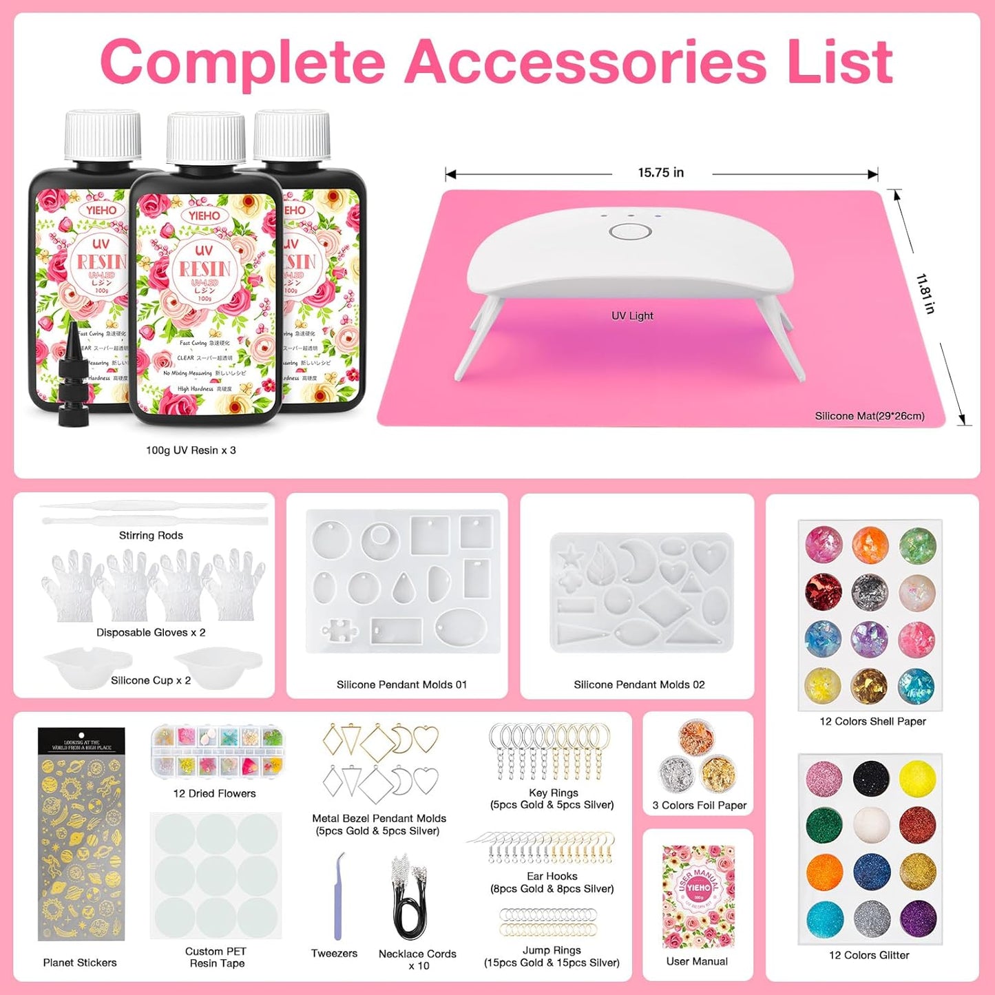 YIEHO 300g UV Resin Kit with Light and Molds, Upgraded Crystal Clear Hard UV Curing Premixed Resin Starter Jewelry Making Kit for DIY Keychain, Earring and Necklace