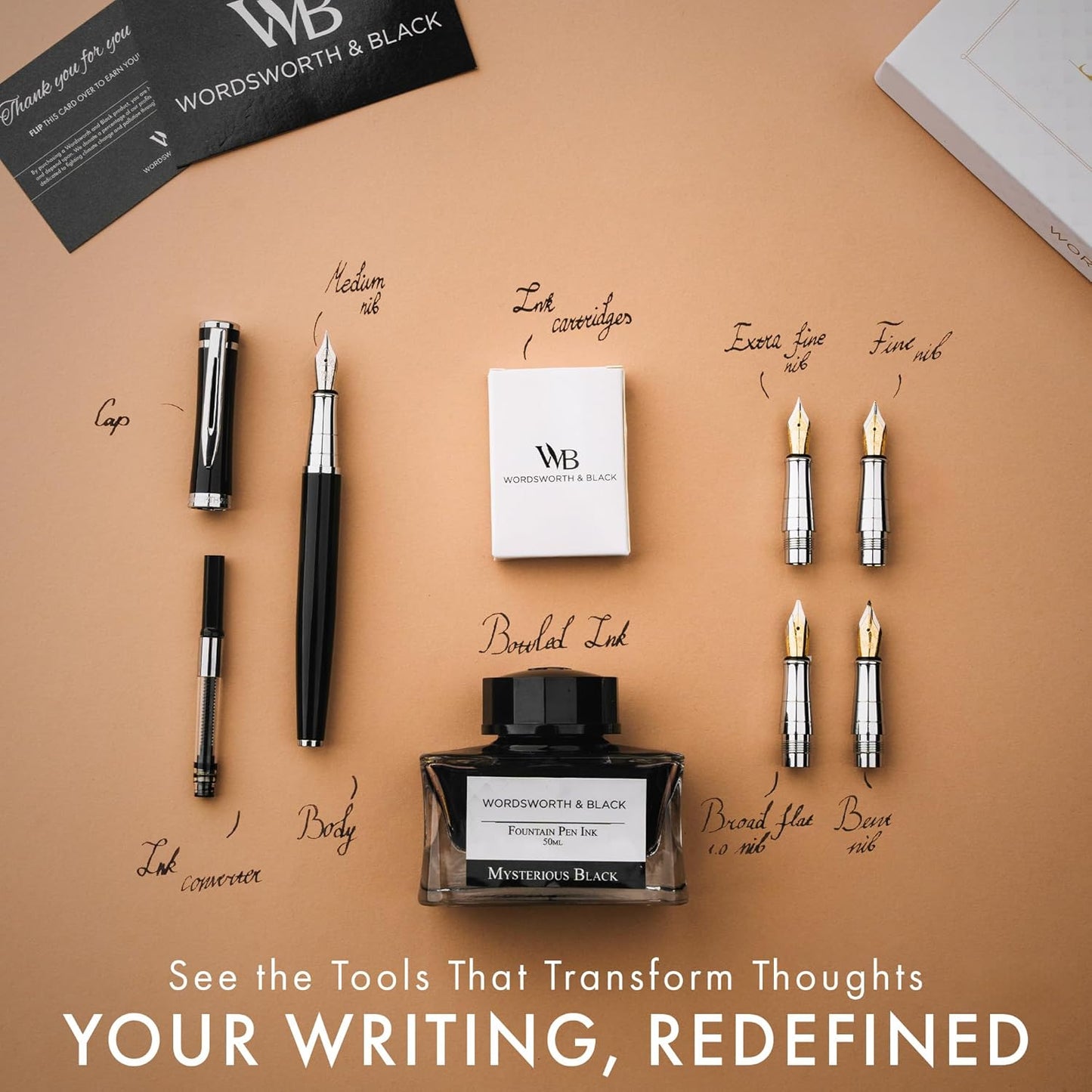 Wordsworth & Black Fountain Pen Gift Set, Includes Ink Bottle, 6 Ink Cartridges & A Refill Converter, 4 Replacement Nibs, Premium Package, Journaling, Calligraphy, Smooth Writing Pens [Black Chrome]