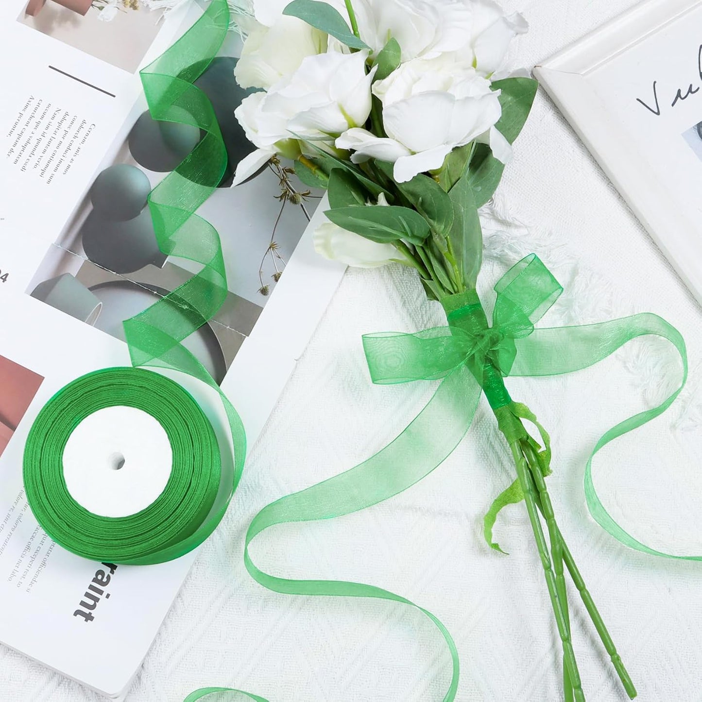 Ribbon for Gift Wrapping 3/4 inch Green Sheer Organza Ribbon for Flower Bouquet Tulle Thin Chiffon Ribbons for Wedding Invitations Christmas Halloween Presents Decorations Crafts 50 Yards