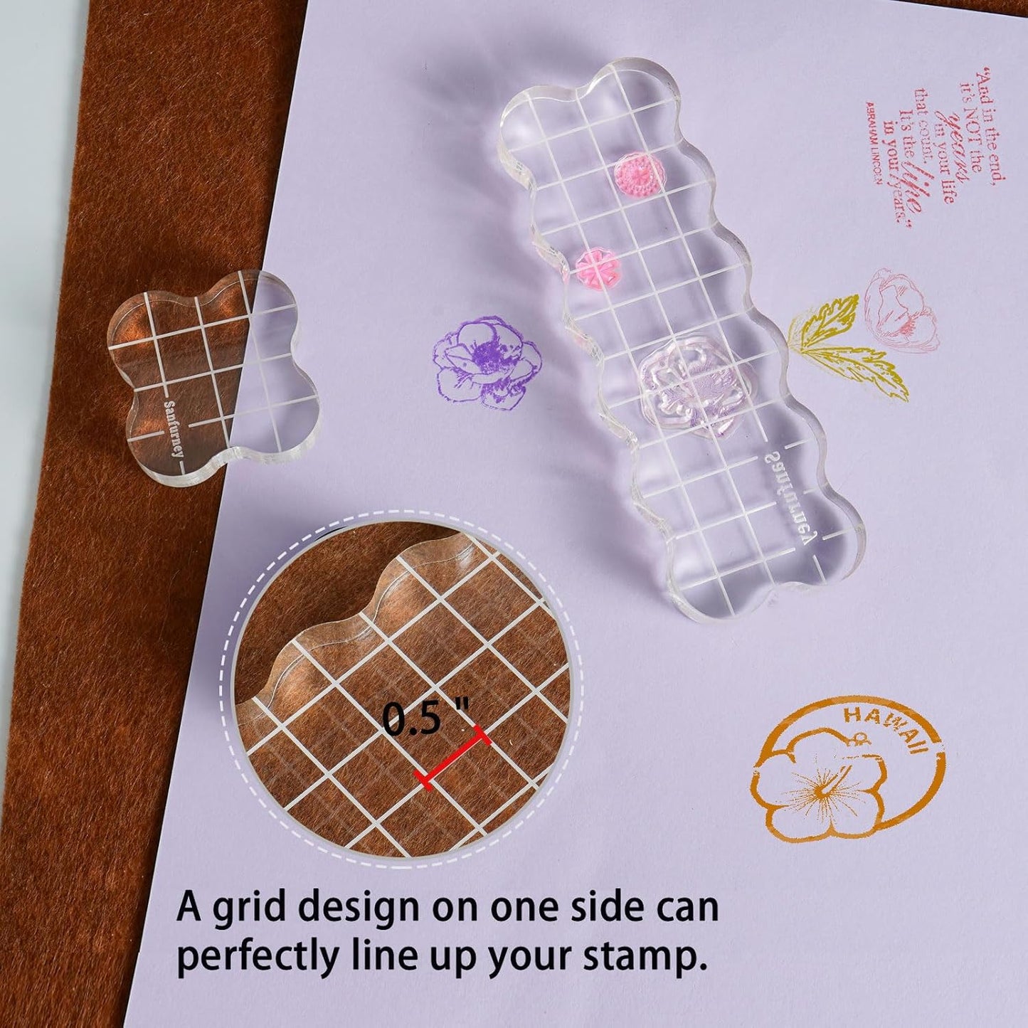 Sanfurney 4 Pieces Acrylic Stamp Blocks Set, 15mm Thick, Clear Stamping Tools with Grid Lines Decorative Stamp Blocks for Scrapbooking Crafts Card Making