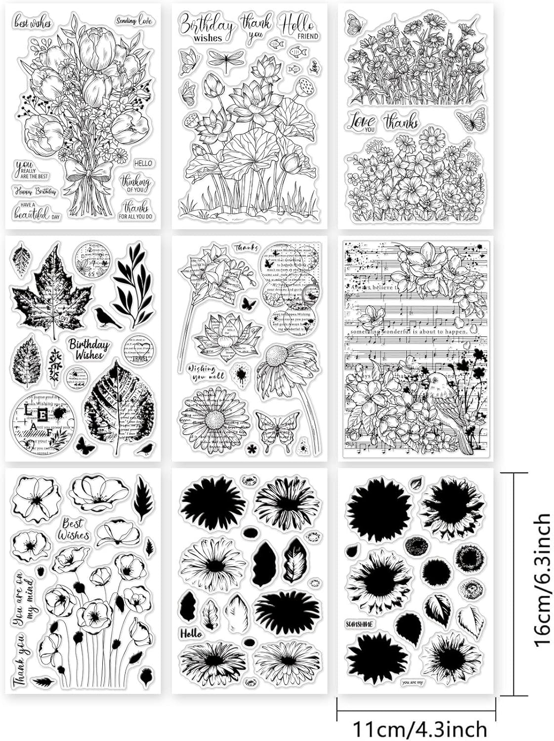 ORIGACH 9 Sheets Plants and Flowers Clear Stamps Silicone Transparent Stamps for Card Making Decoration and DIY Scrapbooking