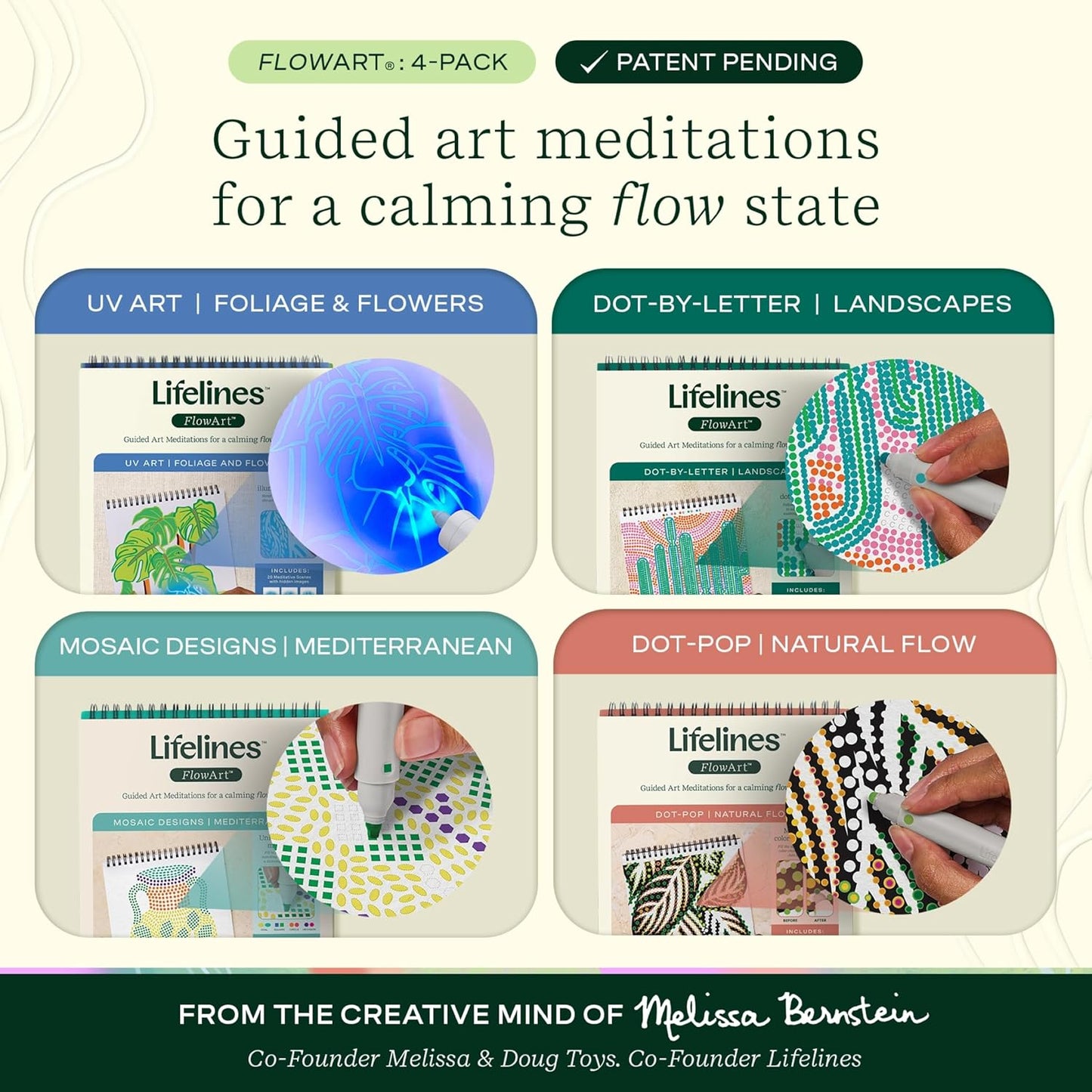 Lifelines FlowArt Activity Pad, 4-Pack - Guided Art Meditations with Markers - Color by Letter, Dot-Pop and More, Coloring Books for Teens, Adults & Seniors