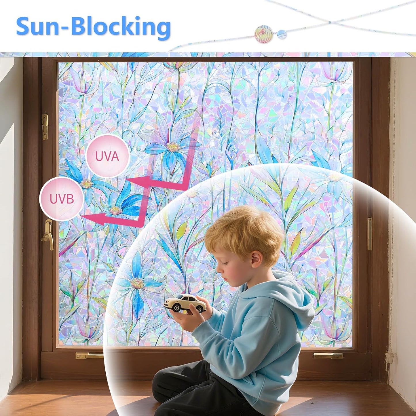 FINNEZ Window Privacy Film Stain Glass Film Flowers Rainbow Window Film Window Clings Non-Adhesive Reusable Decorative for Home（Blue Lotus，17.5 Inch x 6.5 Feet）