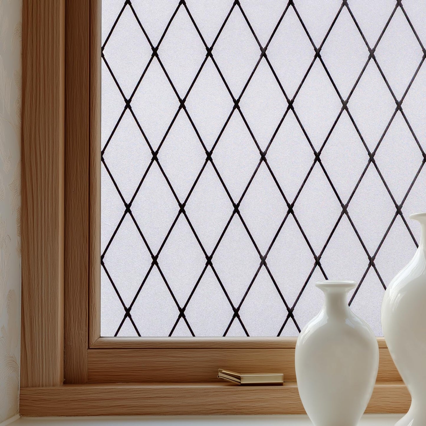 Window Privacy Film Decorative for Front Door, Bathroom Static Cling Stained Glass Sticker Opaque Heat Control UV Blocking Non-Adhesive for Home,Black Grid 35.4 x 78.7 inches