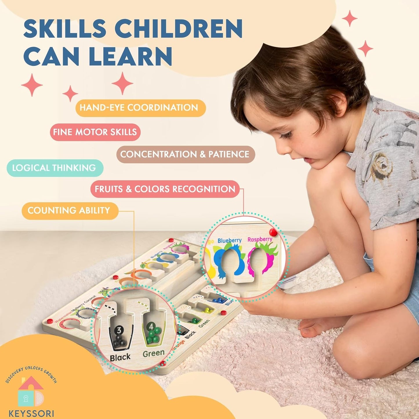 Magnetic Maze Board for Kids Age 3-5, Montessori Educational Wooden for All Toddlers 3 Busy Board, Preschool Learning Adventure, Fine Motor Skills, Fruits Colors Puzzle, Autism-Friendly Toy