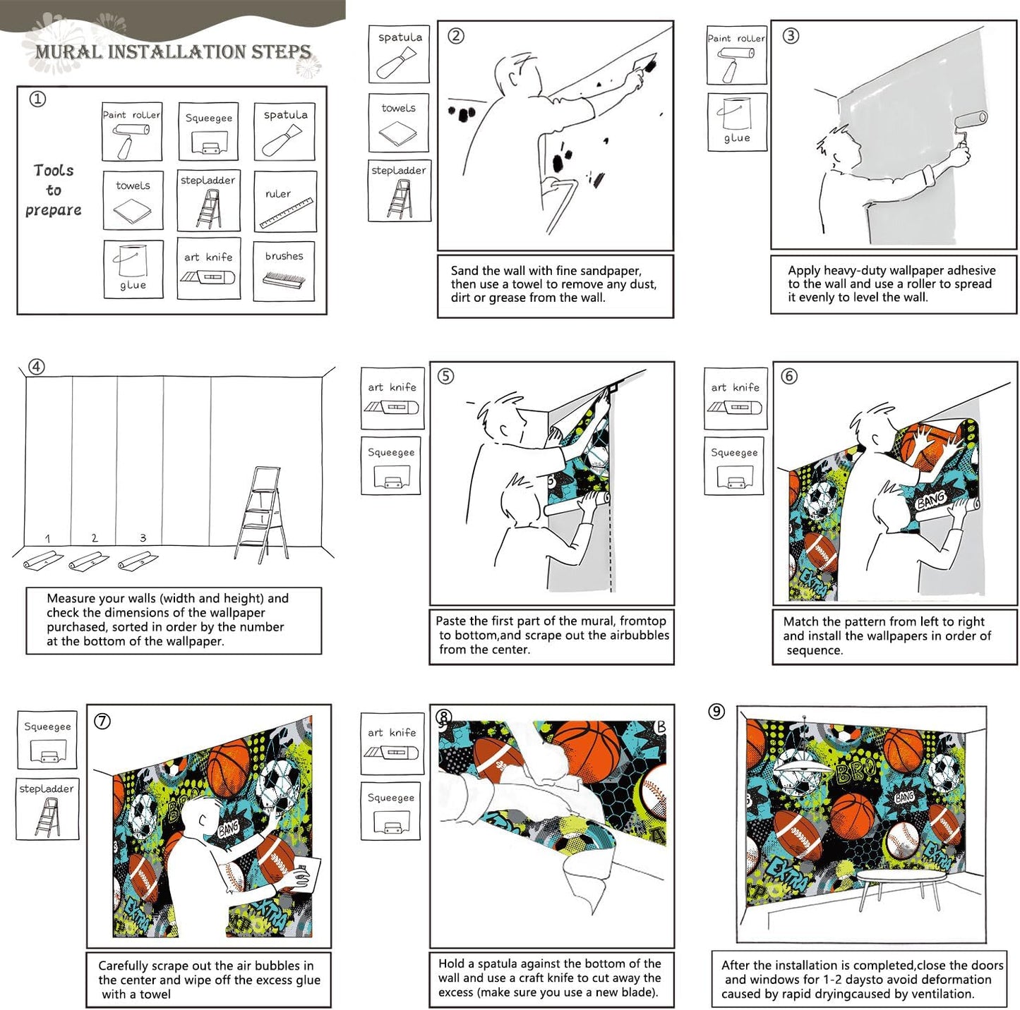 AFZEVEB-Colorful Graffiti Wallpaper Hand-Painted Ball Wall murals for Kids Room 114"x74"(Not Peel and Stick)