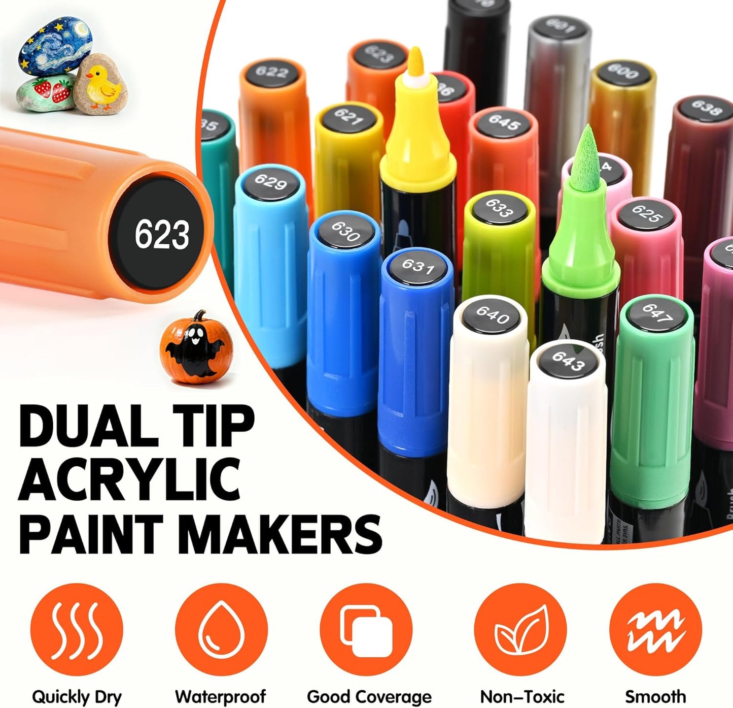 24 Colors Dual Tip Acrylic Paint Markers, Acrylic Paint Pens with Fine Tip and Brush Tip for Rock Painting, Wood, Plastic, Glass, Canvas, Fabric, Pumpkin, DIY Crafts Making Art Supplies