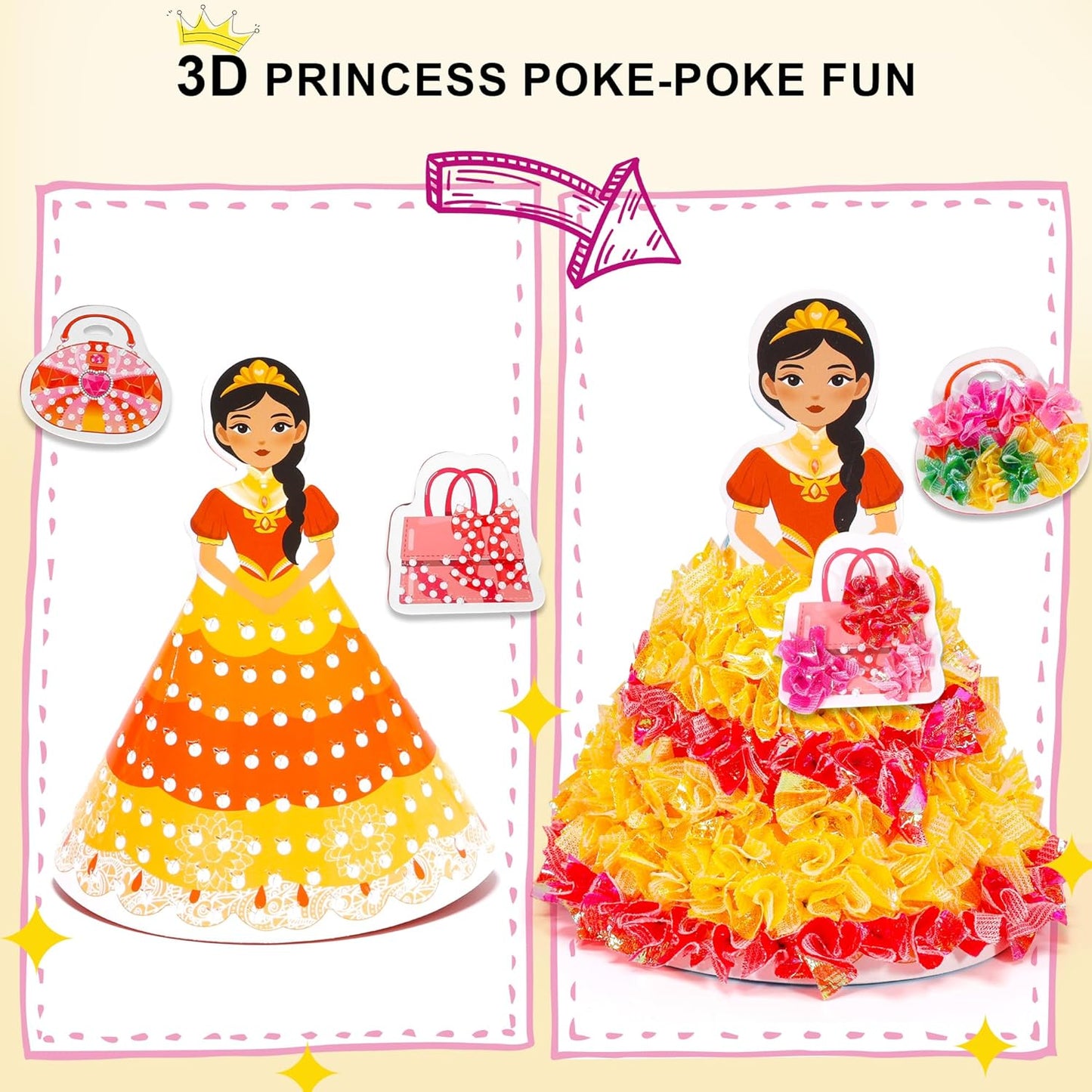 PP OPOUNT Poke Art Kits for Girls, 5 pcs 3D Magical Princess & 5 Bags Kids Paper Craft Kits, DIY Wood Craft Kit, Mess-Free Creative Activity Art and Crafts, Birthday Christmas Gift for Girls Ages 4-8