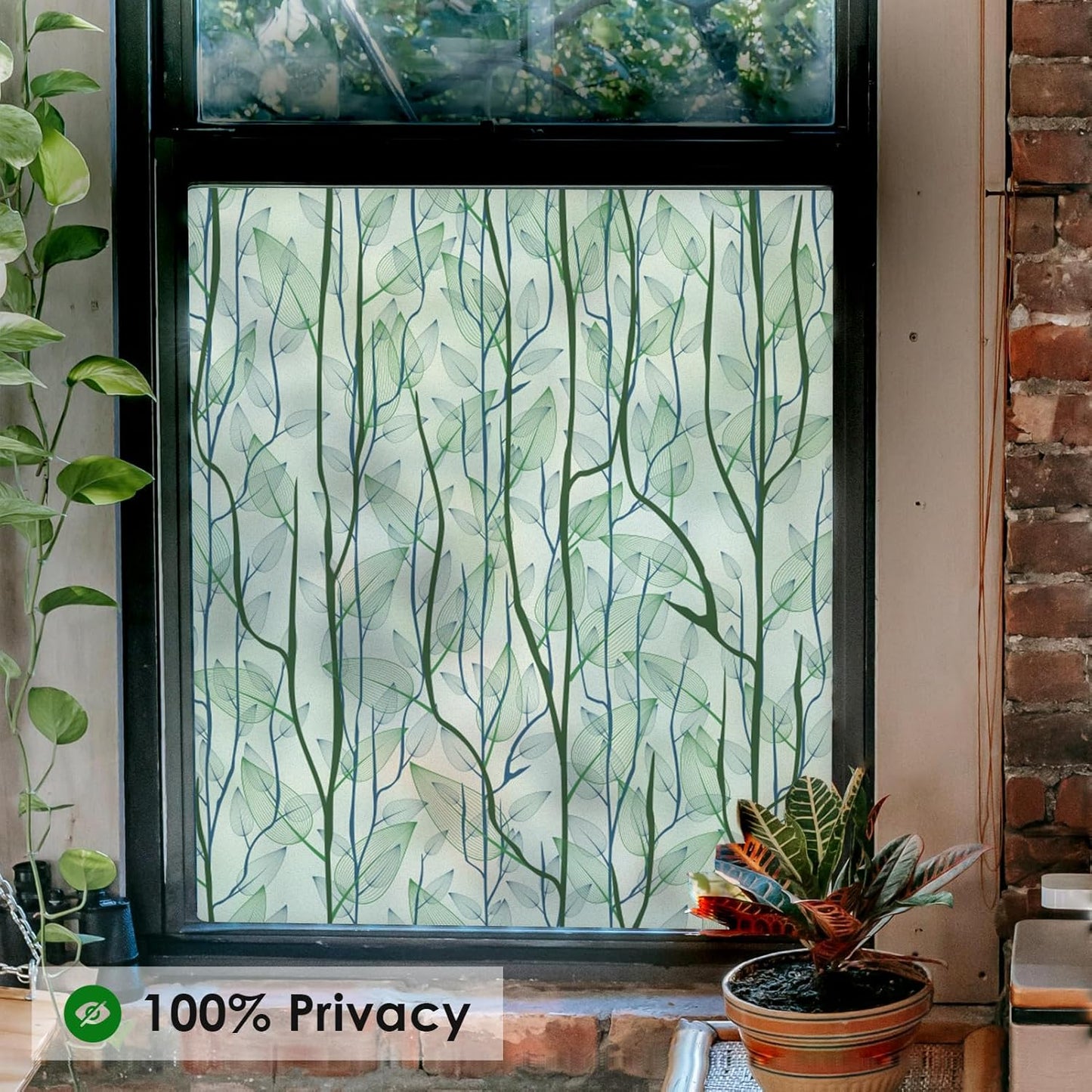 DKTIE Window Film Privacy with Installation Tools, Decorative Stained Glass Window Clings for Home, Static Cling Window Sticker for Front Door, Bathroom (Green, 17.7'' x 78.7'')