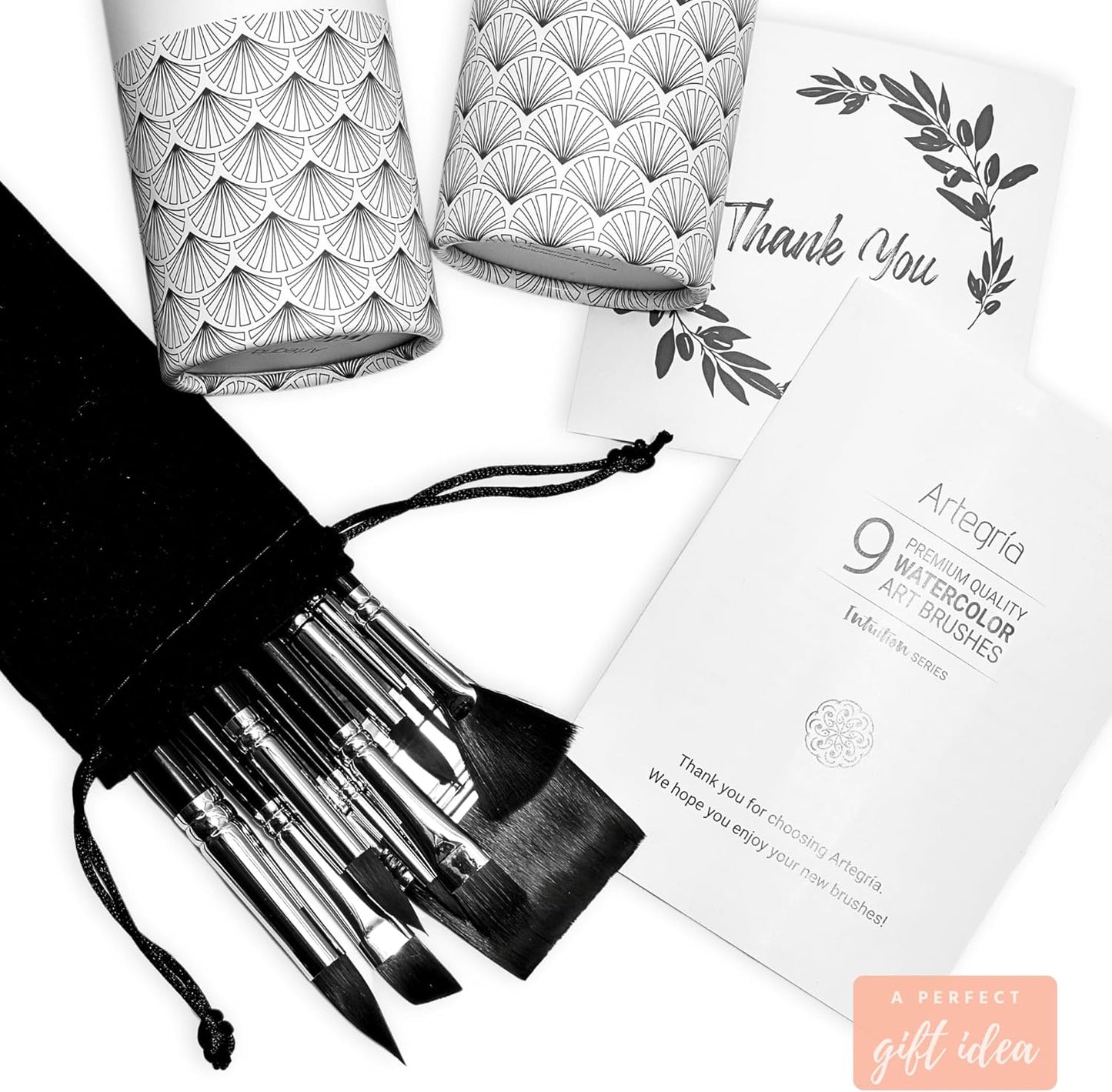 ARTEGRIA Watercolor Brush Set, 9 Professional Soft Synthetic Squirrel Paint Brushes, Including Round Detailers, Flat Wash, Rigger, Rake, Fan, Angled Shader