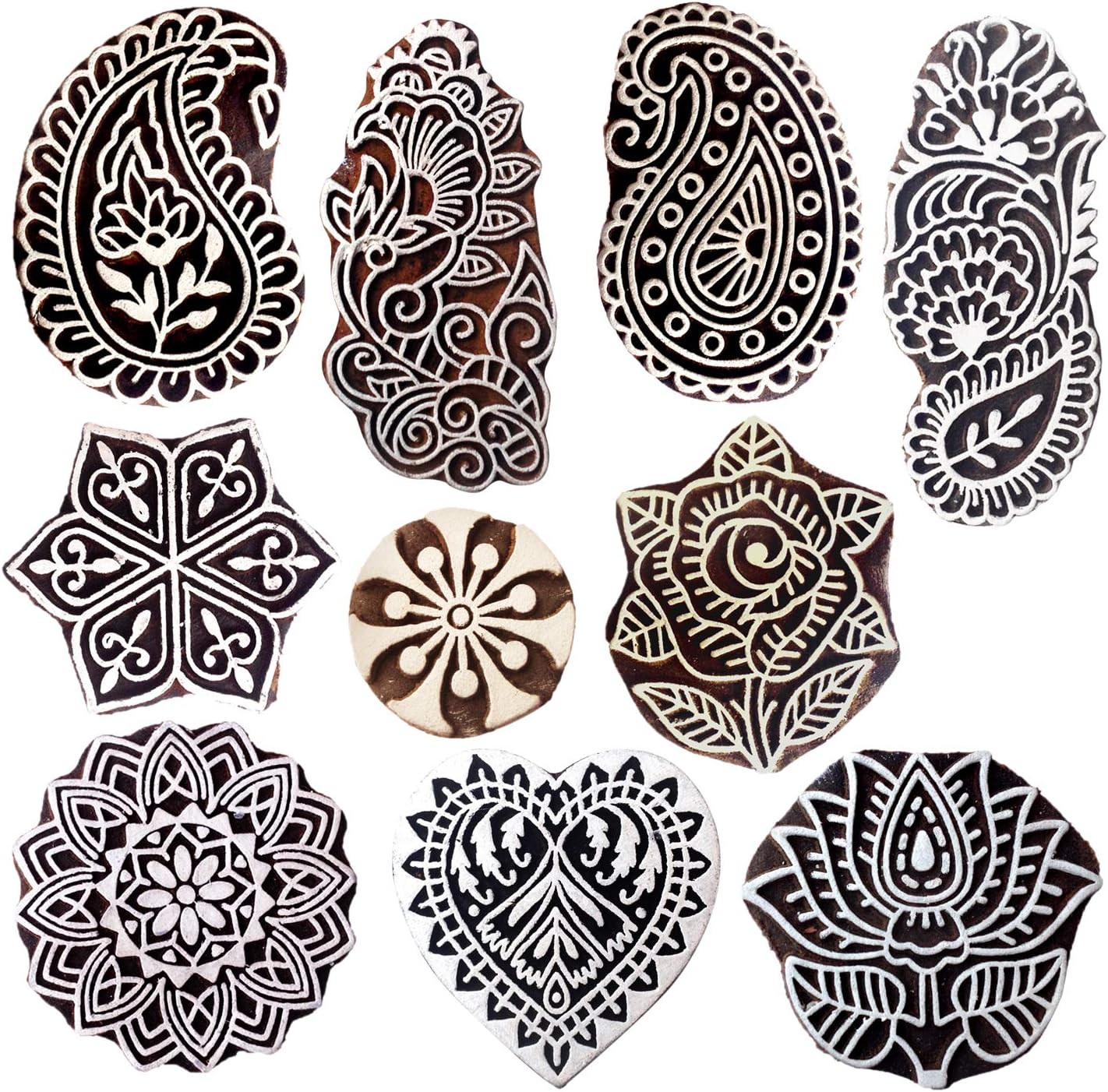 Royal Kraft Wooden Stamps for Block Printing on Saree Border, Textile, Clay, Pottery, Tattoo (Set of 10) MXtag0002