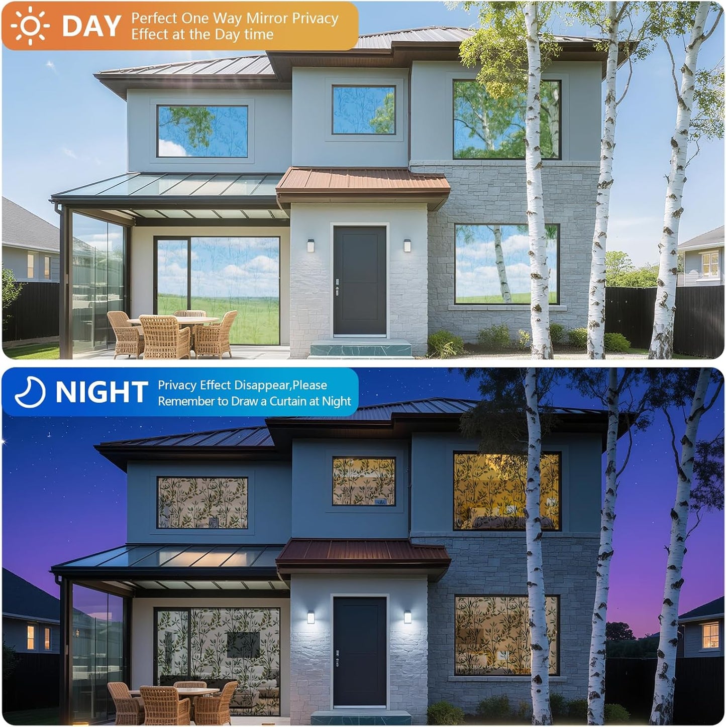 NINETREX One Way Window Privacy Film, Daytime Privacy Static Cling Sun Blocking Anti UV Reflective Window Tint for Home and Office 17.5 x 78.7 inches, Black Silver Leaf