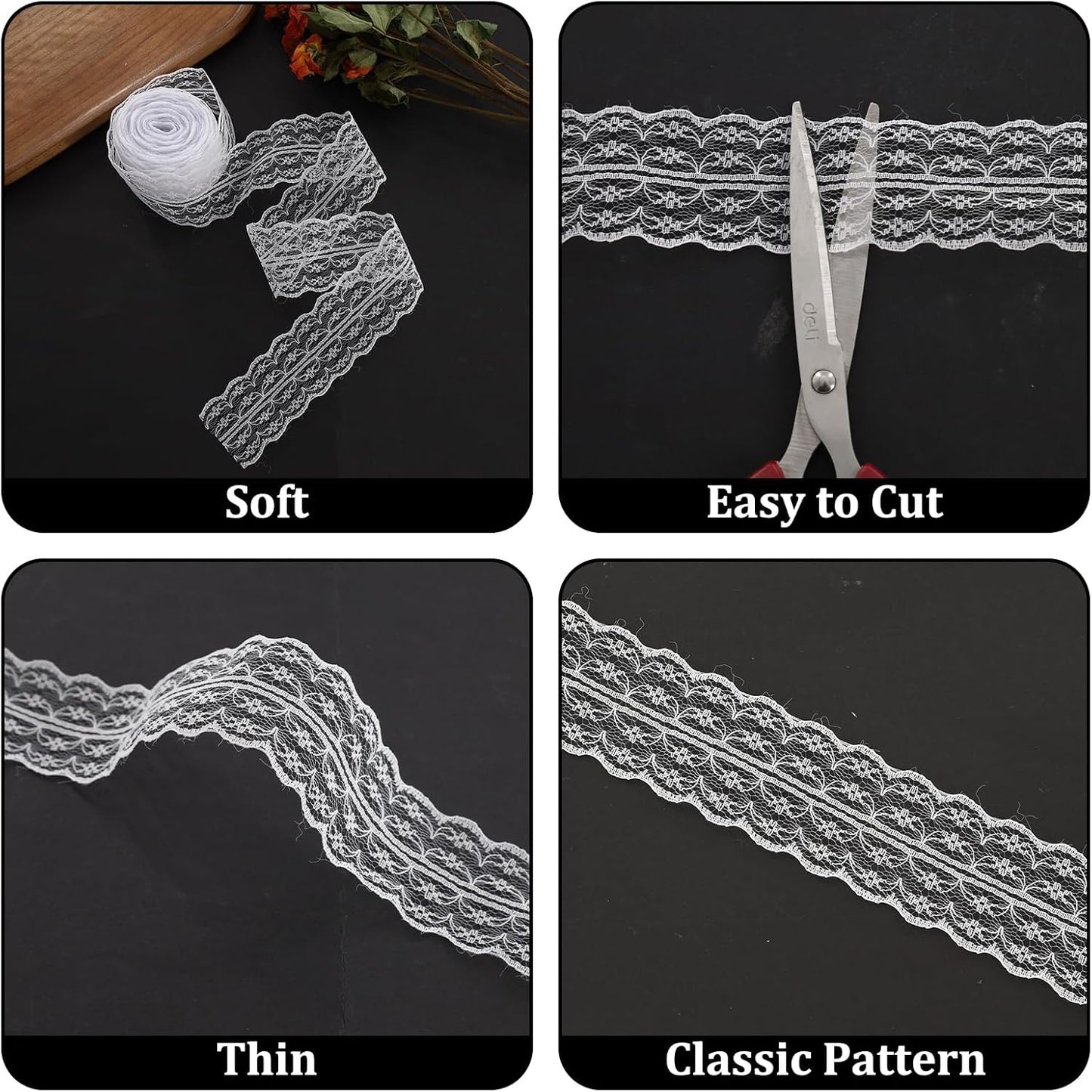 Lace Trim, 60 PCS Yards Ribbon, Vintage Scalloped White Laces Ribbon Suitable for Crafts, Gift Wrapping, DIY Sewing, Scrapbooking, Wedding Bouquet Decoration(6 Styles)