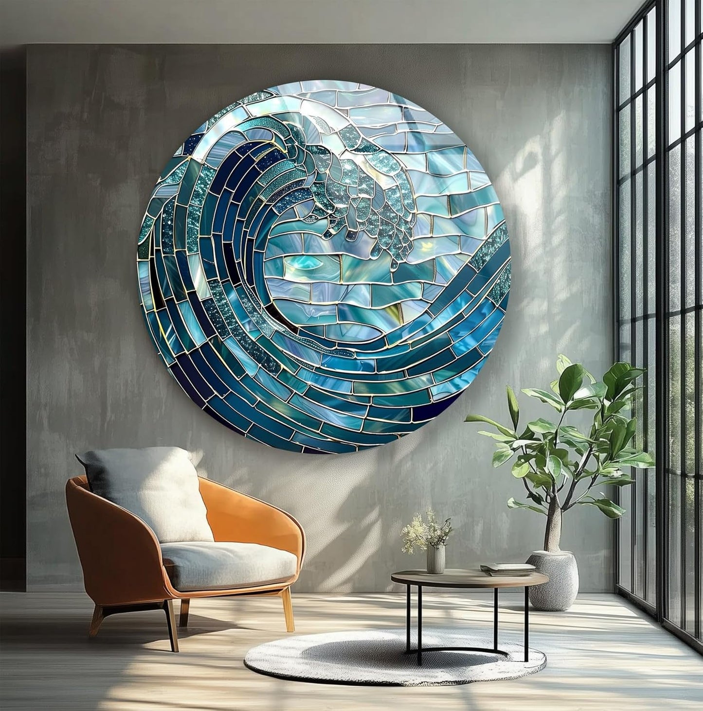 My Photostation.com 15.8''(40cm) Diameter Ocean Wave in Blue Mosaic Round Glass Wall Art Tempered Glass Printing Wall Decor Large Wall Art Wall Hangings